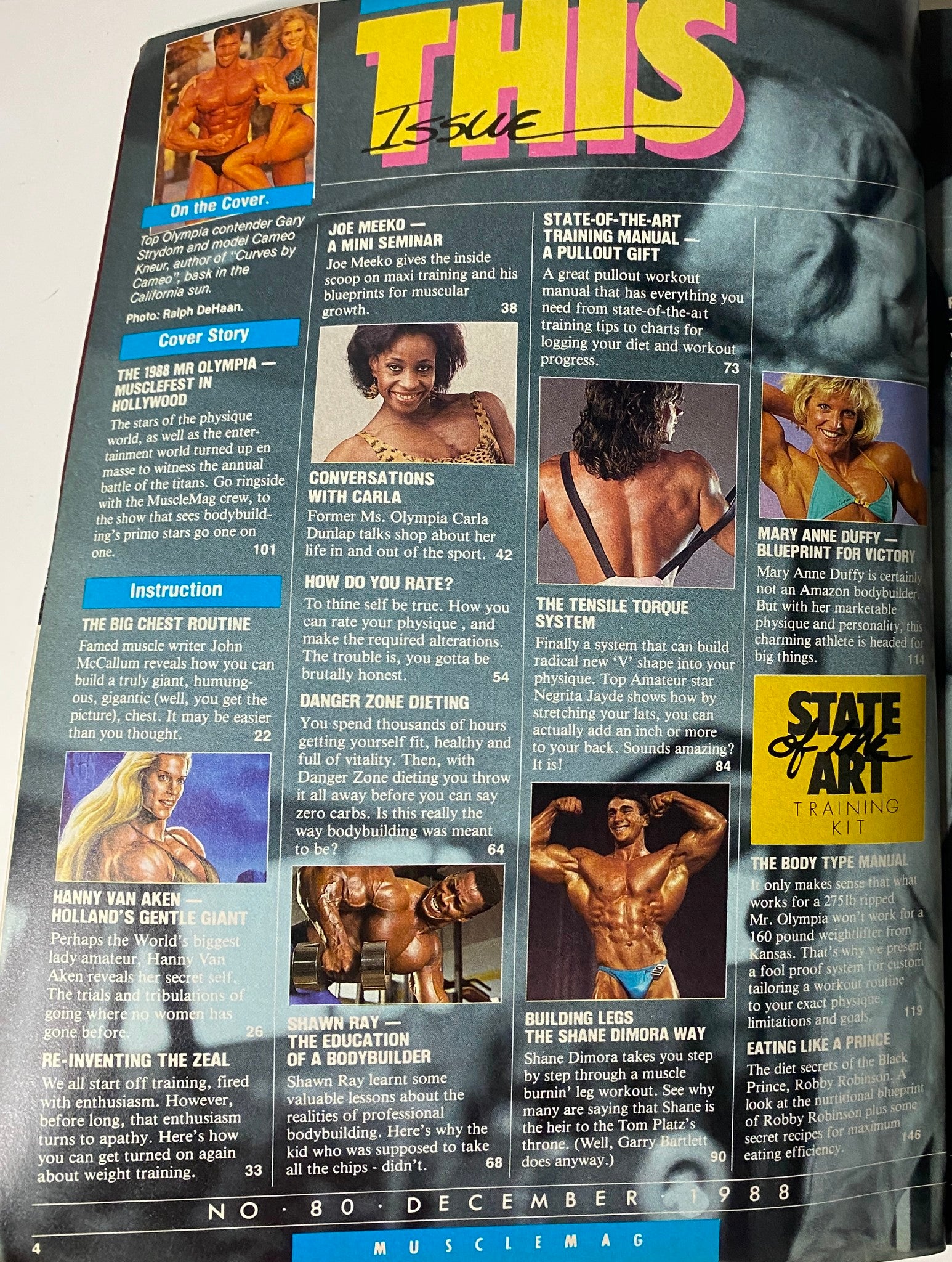 Interior page of MuscleMag International Magazine December 1988 displaying editorial content, training advice, and features on fitness professionals.