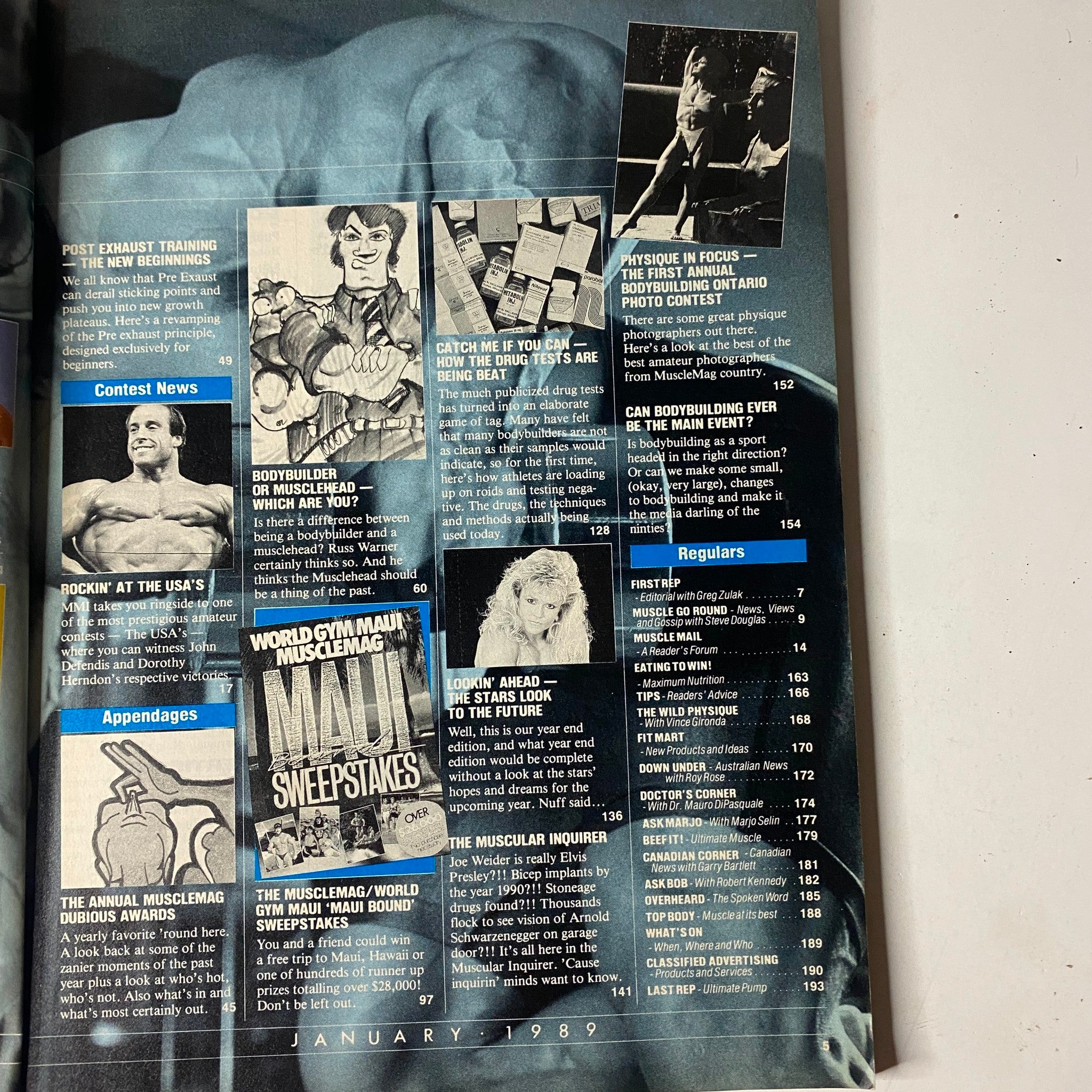 Another interior page of MuscleMag International Magazine December 1988 highlighting contest news and regular features about bodybuilding.