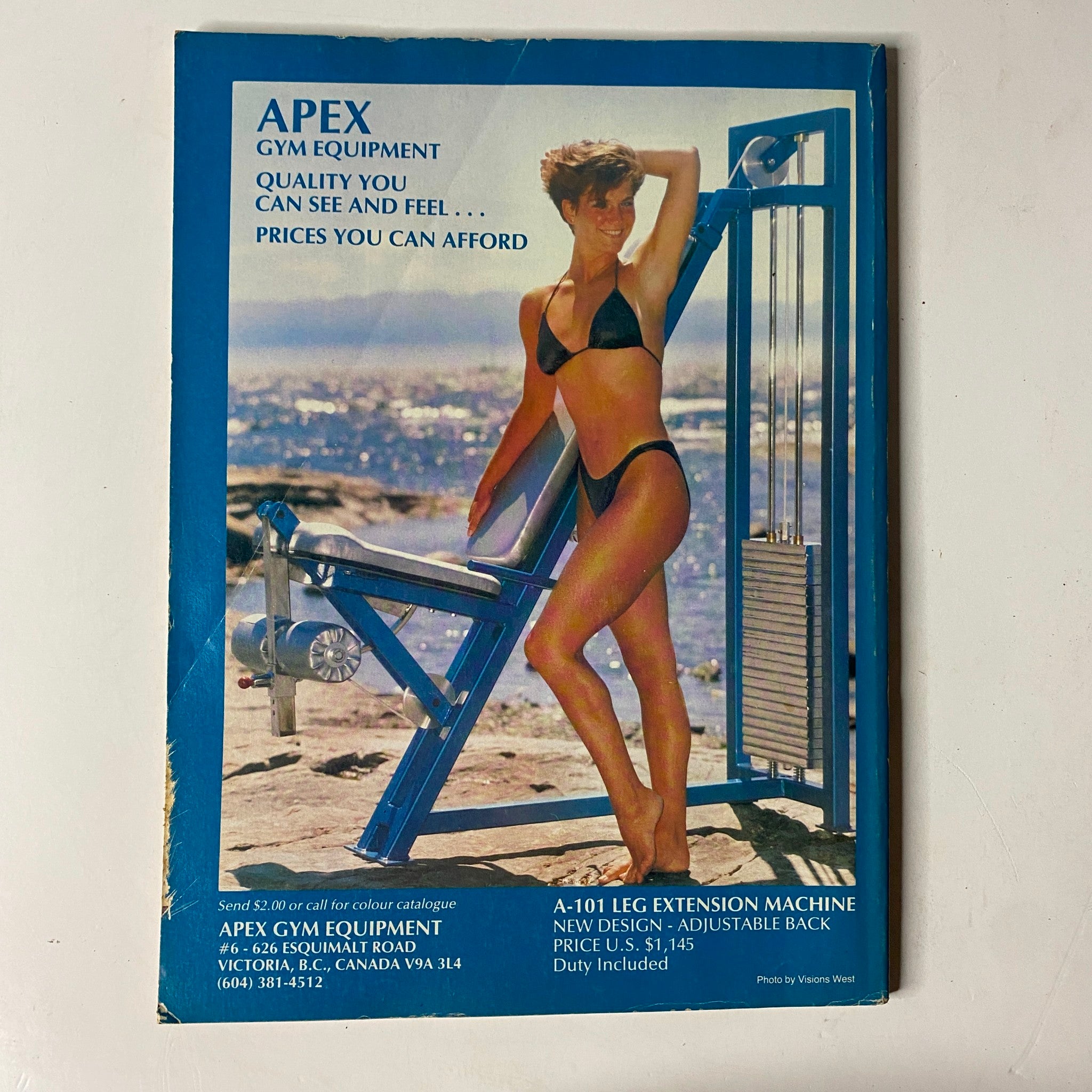 Back cover of MuscleMag International Magazine December 1988 displaying an advertisement for Apex Gym Equipment.