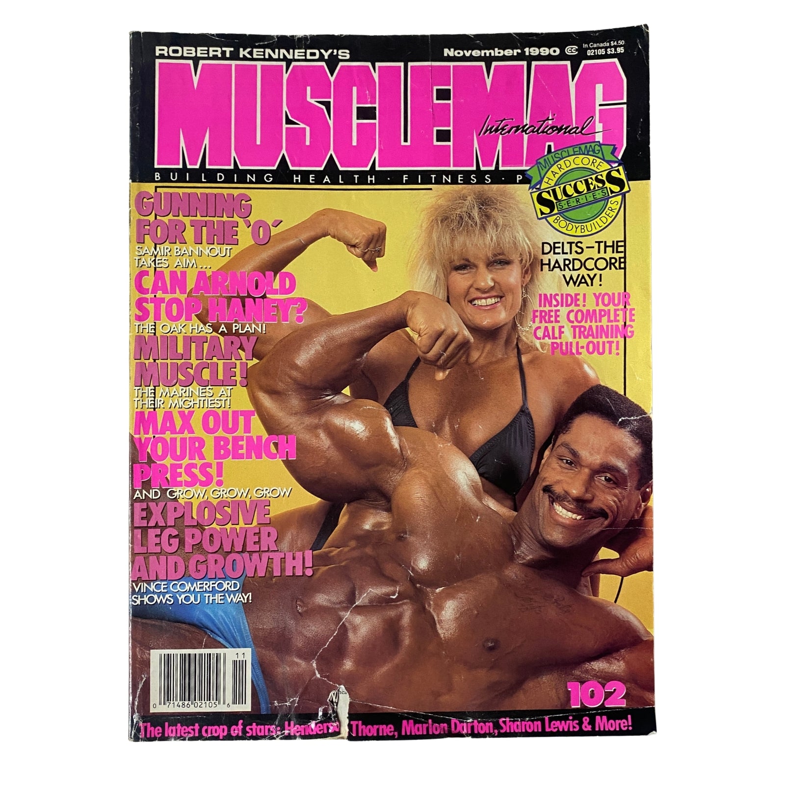Cover of MuscleMag International Magazine November 1990 featuring Mike Christian and Michelle Bradley. Highlighting bodybuilding with bold titles and fitness tips.