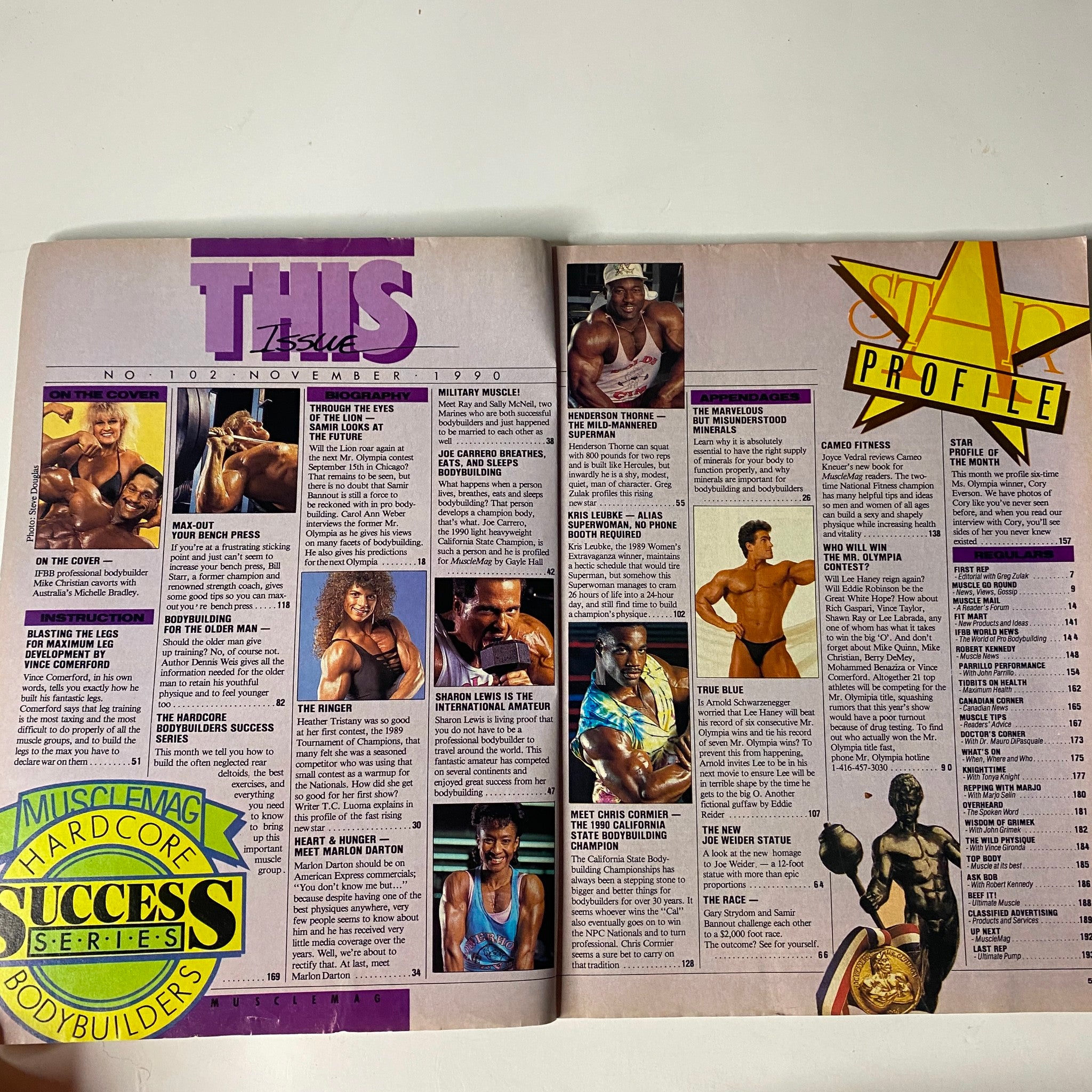 Inside layout of MuscleMag International Magazine November 1990, showcasing profiles of bodybuilders and fitness columns.
