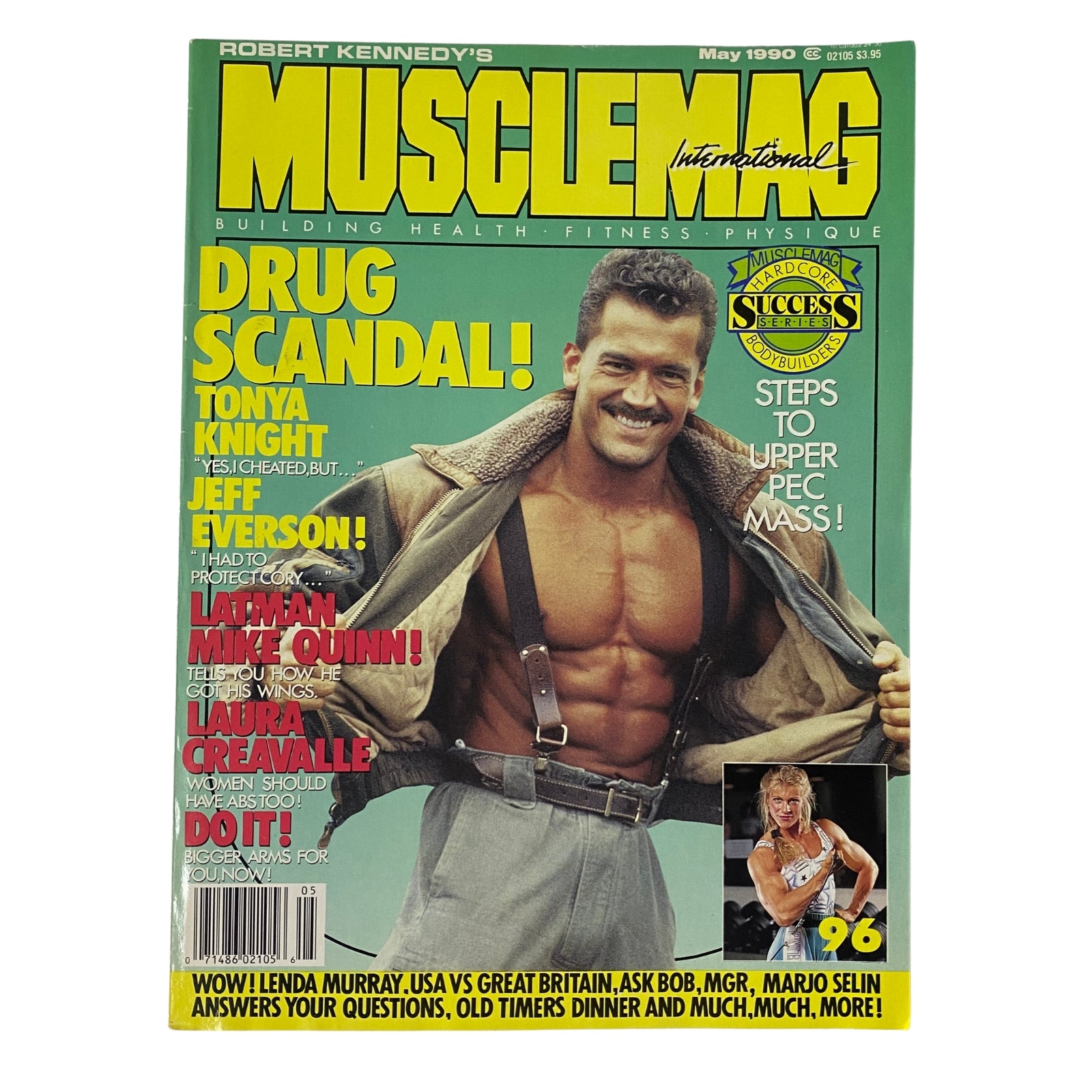 Cover of MuscleMag International Magazine May 1990 No. 96 featuring Lee Labrada. The magazine highlights topics such as bodybuilding training, nutrition, competition news, and also includes features on other athletes like Tonya Knight and Jeff Everson.