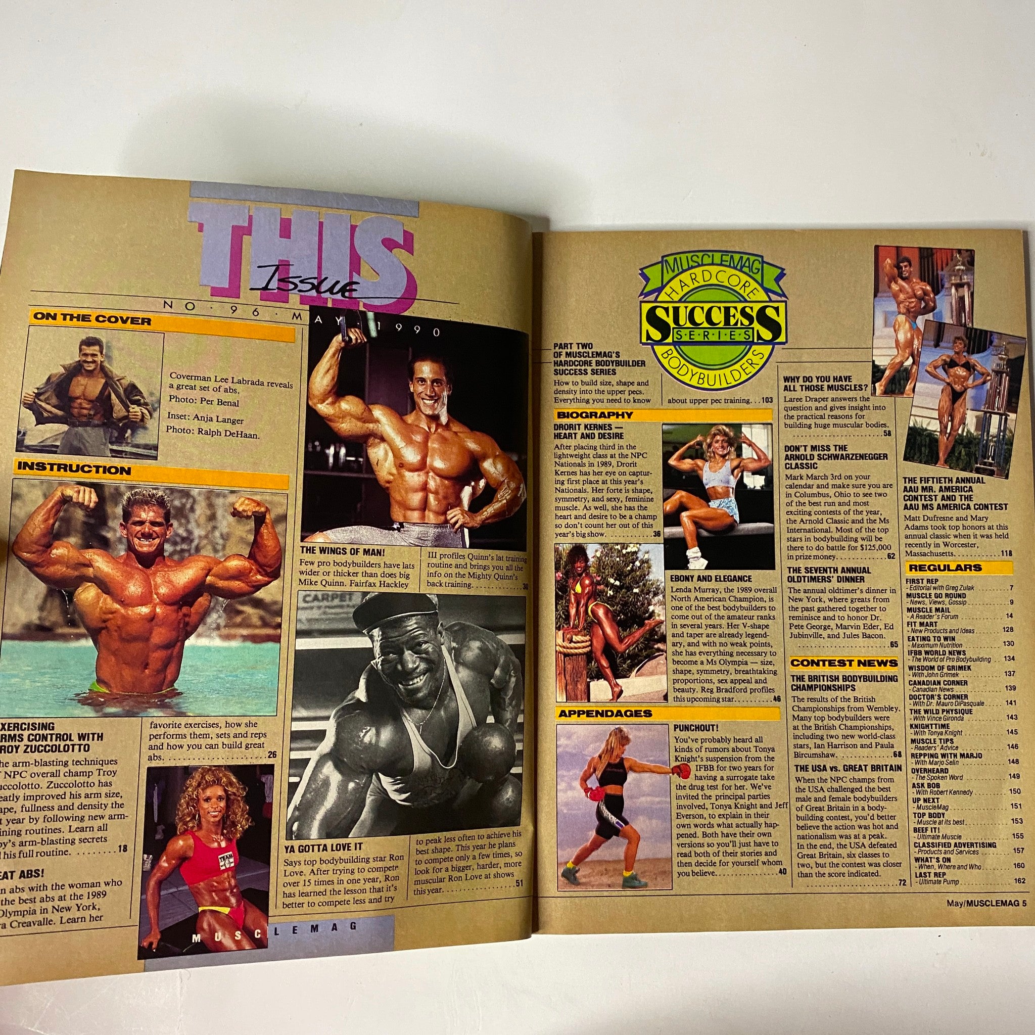 MuscleMag International Magazine May 1990 No. 96 featuring Lee Labrada, showcasing bodybuilding insights and training advice, with images of renowned athletes and magazine features.