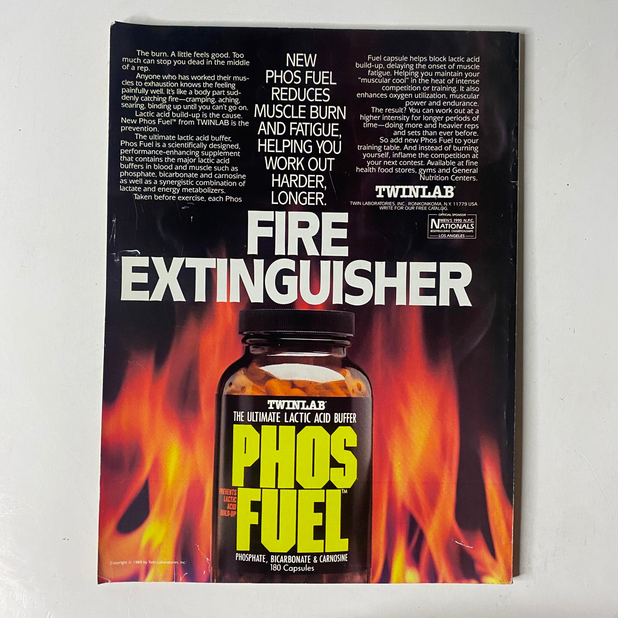 Advertisement for TwinLab Phos Fuel, highlighting its benefits for muscle recovery and improved workout performance, featured in MuscleMag International Magazine May 1990 No. 96.