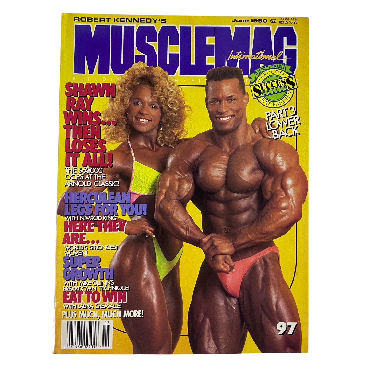 MuscleMag International Magazine June 1990 featuring bodybuilders Shawn Ray and Laura Creavalle on the cover, showcasing their muscular physiques and posing attire.