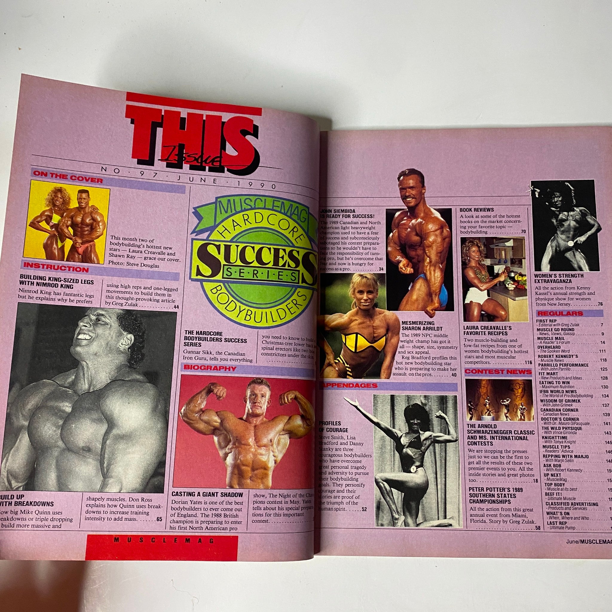 Inside spread of MuscleMag International Magazine June 1990 highlighting bodybuilders, instructional content, and athlete biographies with a pink background design.
