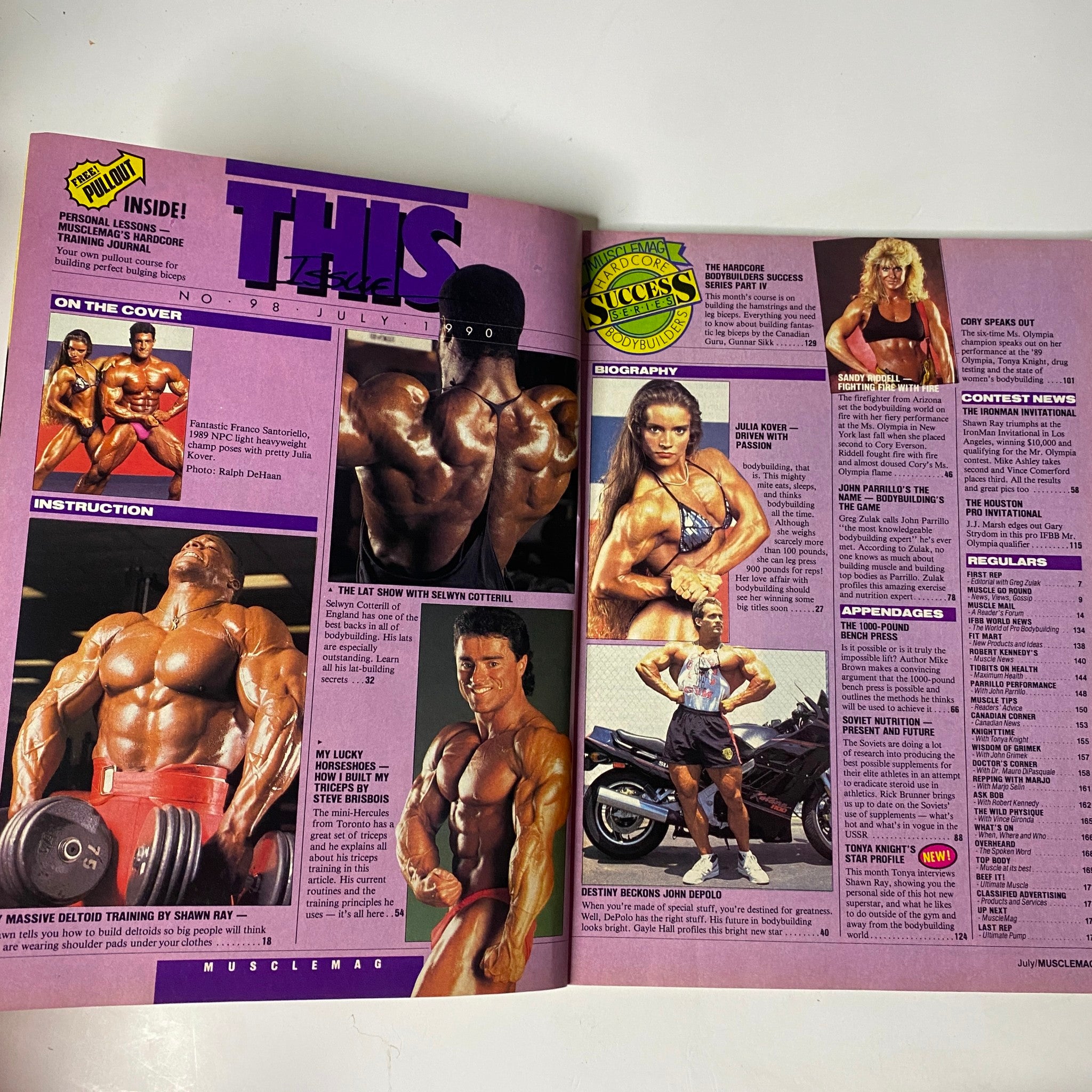 Inside page of MuscleMag International Magazine July 1990 No. 98 displaying bodybuilders including Shawn Ray and John Parrillo with training tips and bodybuilding contest details.