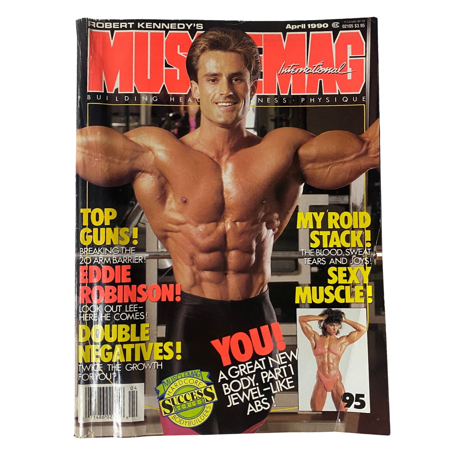Cover of MuscleMag International Magazine April 1990 No. 95 featuring Francis Benfatto showcasing impressive physique, with text highlighting topics like bodybuilding strategies and training tips.
