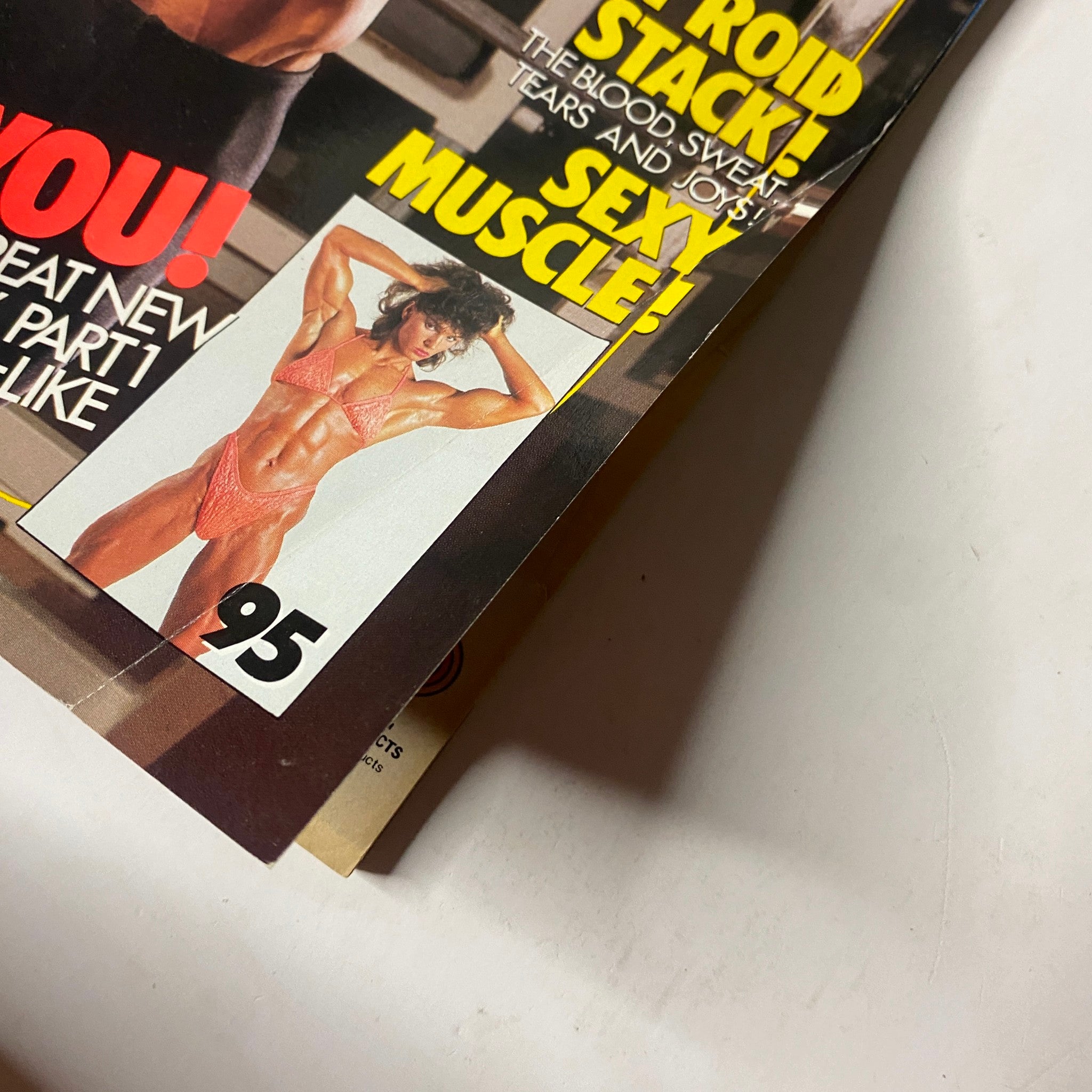 Cover image of MuscleMag International Magazine, April 1990, No. 95 featuring a muscular model in a bikini. This edition includes bodybuilding insights and coverage.