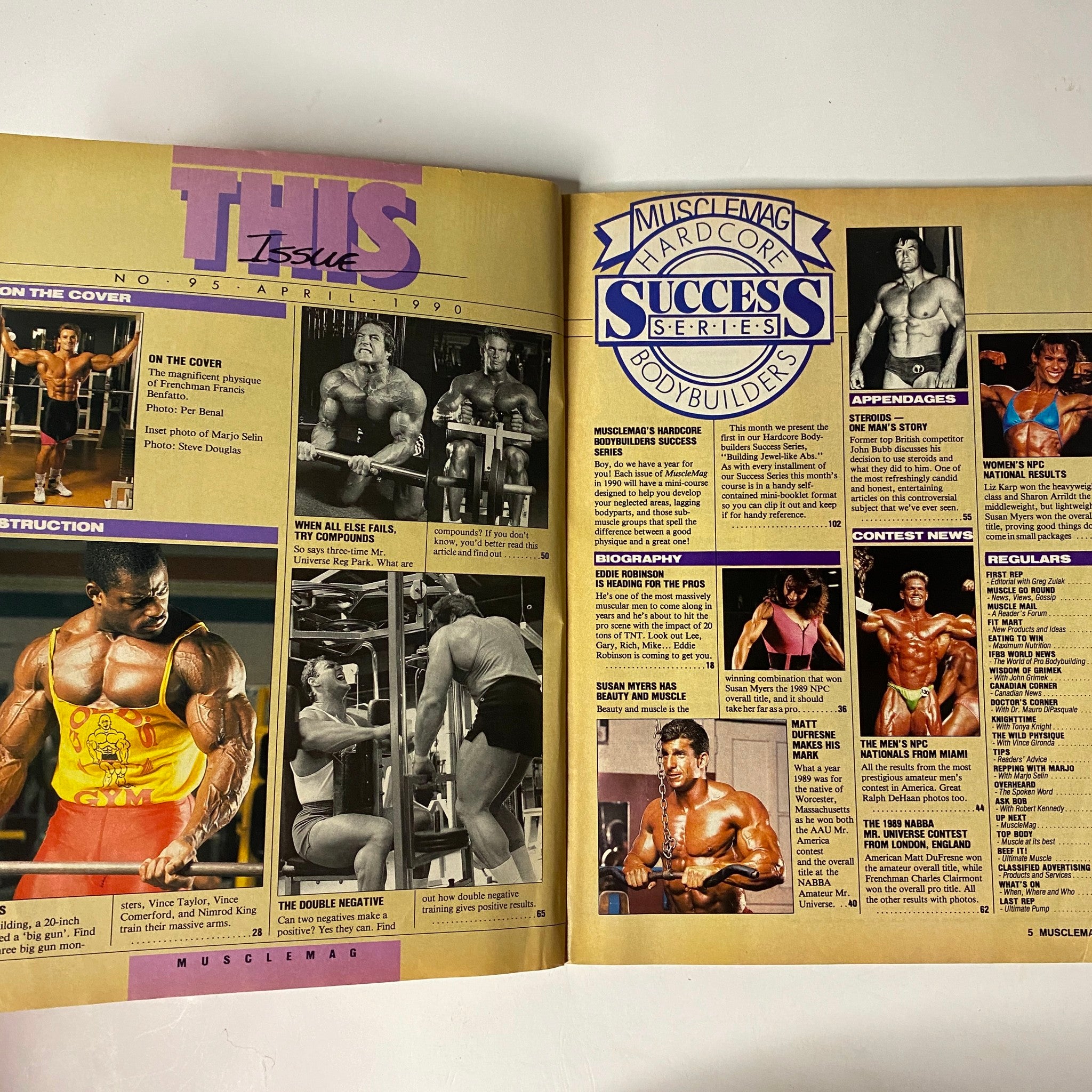 Inside spread of MuscleMag International Magazine, April 1990, No. 95 showcasing contest results and profiles of featured bodybuilders, highlighting the magazine's appeal for fitness enthusiasts.