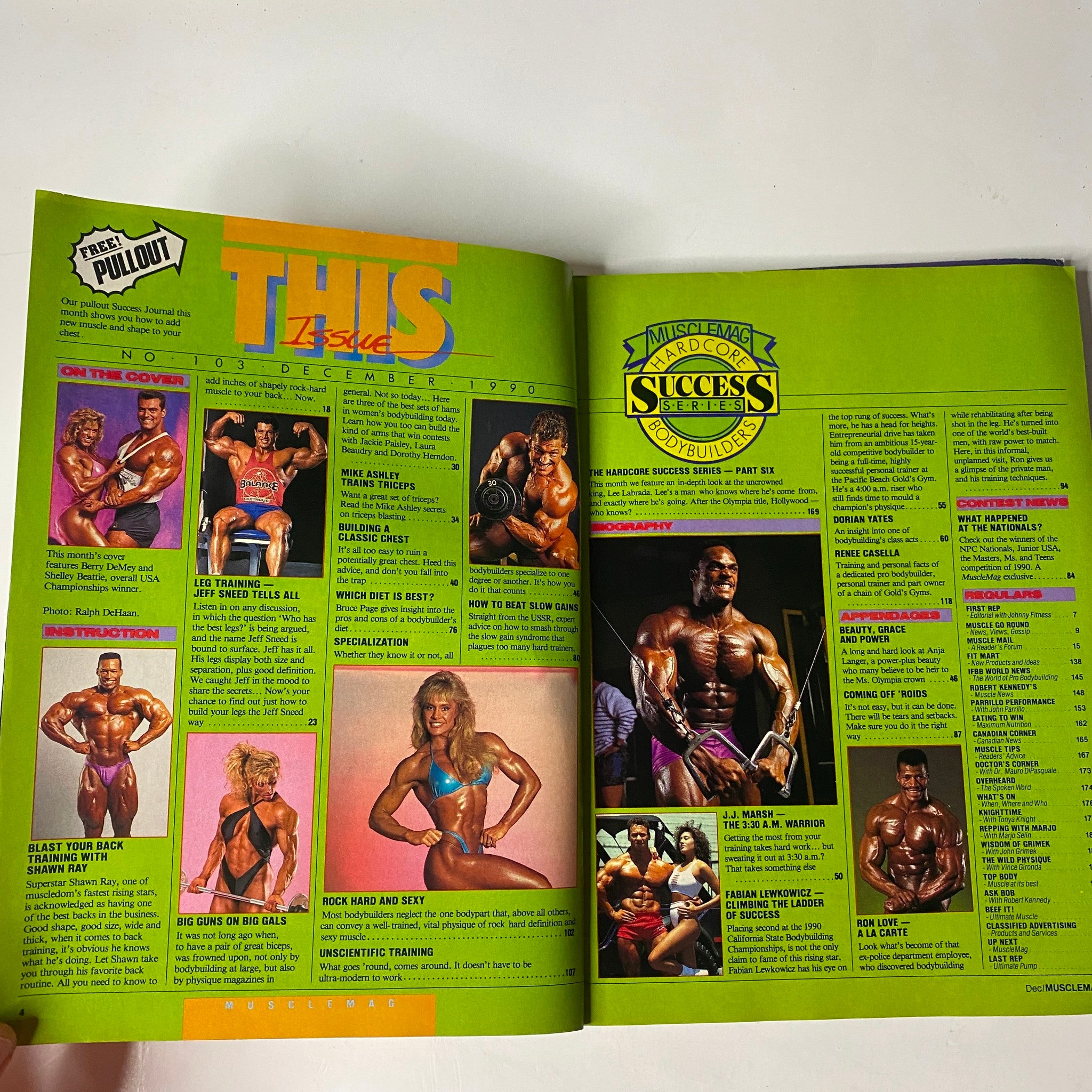 Interior page of MuscleMag International Magazine, December 1990, No. 103 showcasing profiles and topics related to bodybuilding, including a free pullout section.