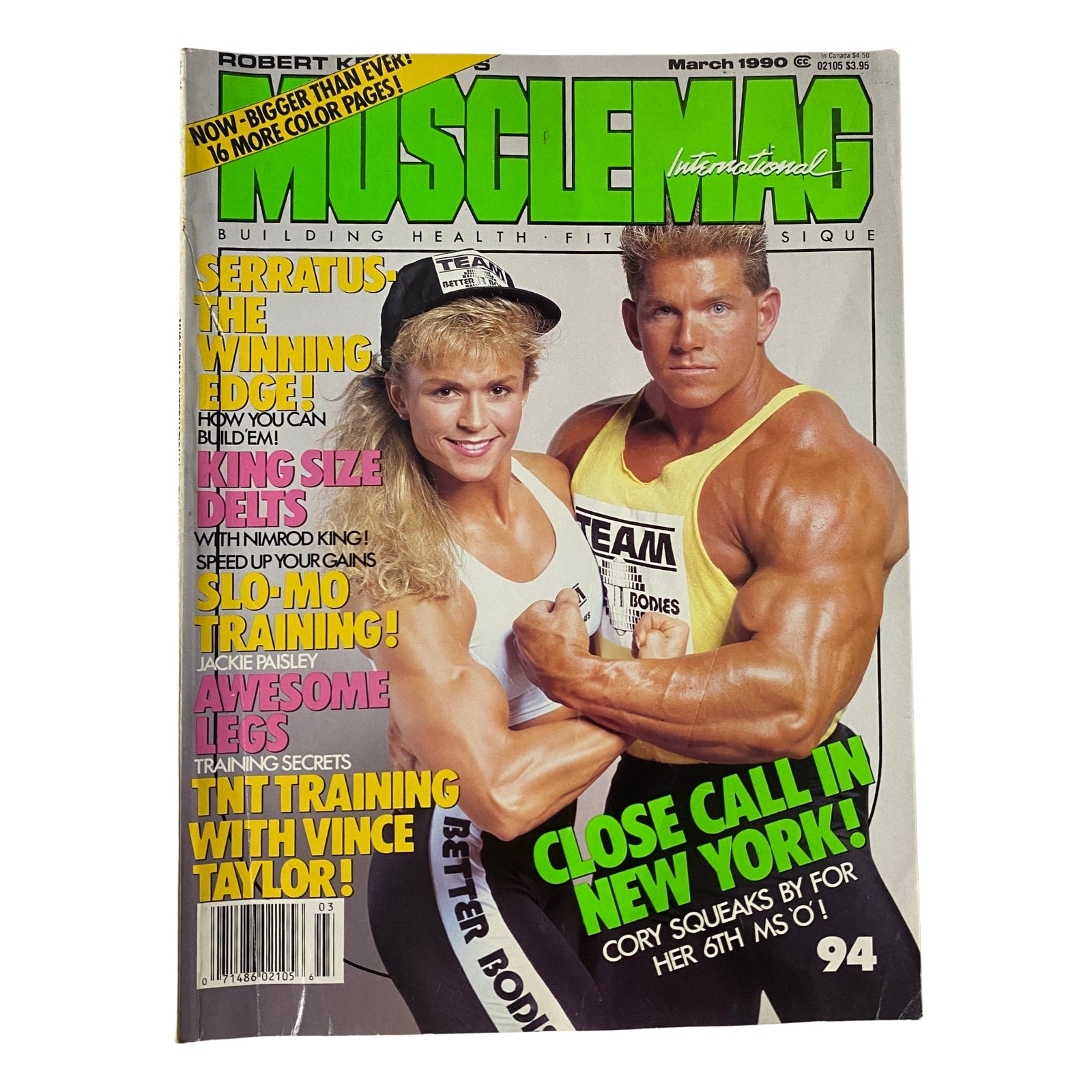 MuscleMag International Magazine March 1990 No. 94 featuring Tonya Knight and Troy Zuccolotto on the cover, showcasing bodybuilding content and health tips.