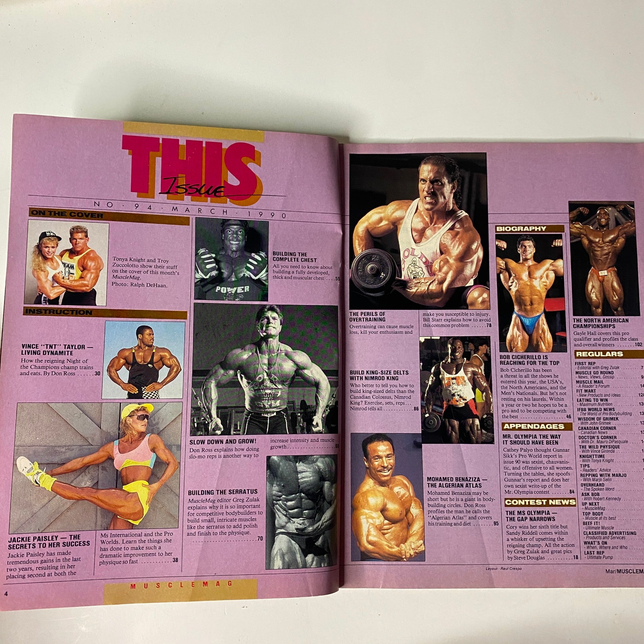 Inside spread of MuscleMag International Magazine March 1990 No. 94, highlighting fitness tips, profiles of bodybuilders, and contest coverage.