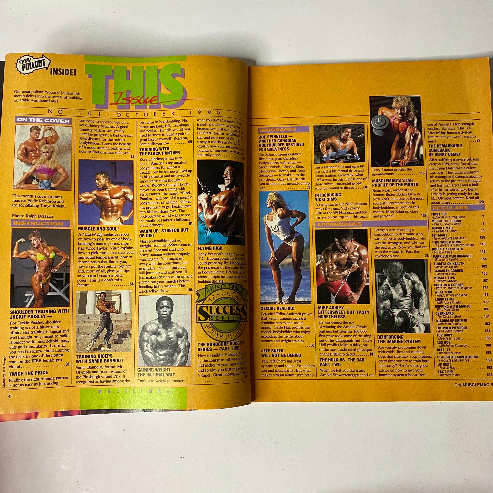 MuscleMag International Magazine October 1990 featuring highlights of Eddie Robinson and Tonya Knight, showcasing bodybuilding news, athlete profiles, and training insights on a colorful layout.