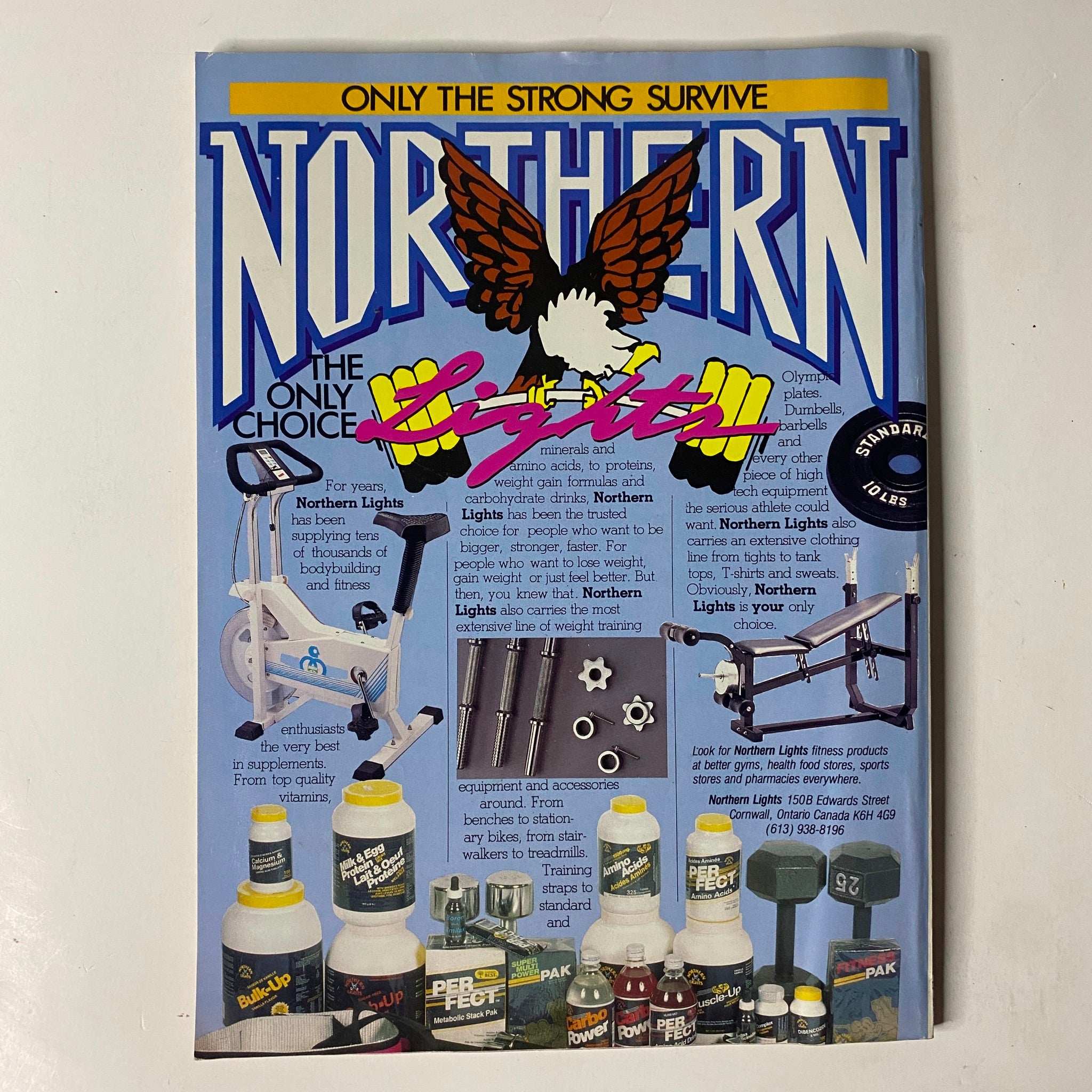 Northern Lights advertising page from October 1990 MuscleMag International Magazine, displaying fitness equipment and supplements with a bold eagle graphic, promoting quality products for bodybuilders.