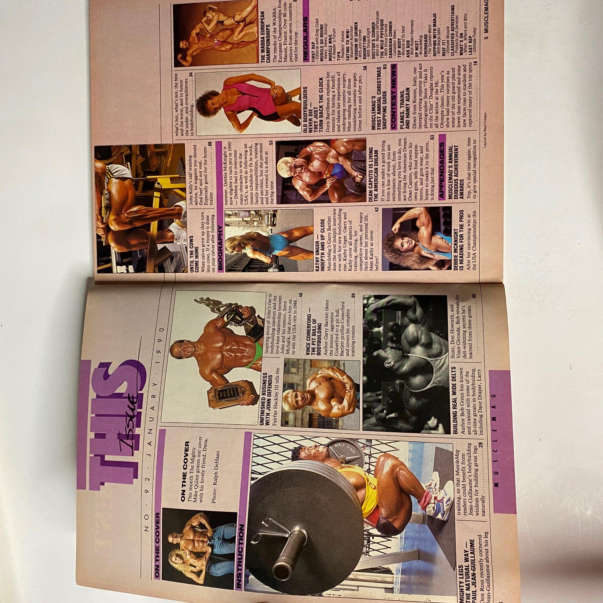 Inside spread of MuscleMag International Magazine January 1990 No. 92, featuring contest coverage and profiles of bodybuilders, illustrating the magazine's focus on bodybuilding.