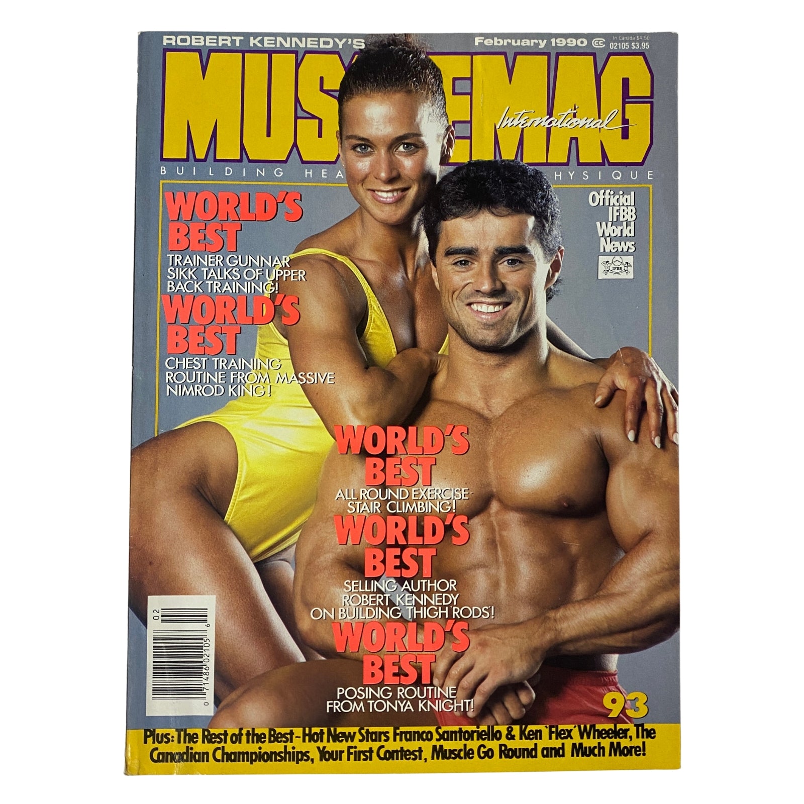 Cover of MuscleMag International Magazine February 1990 featuring Erika Mes and Steve Brisbois, highlighting the World's Best in bodybuilding.