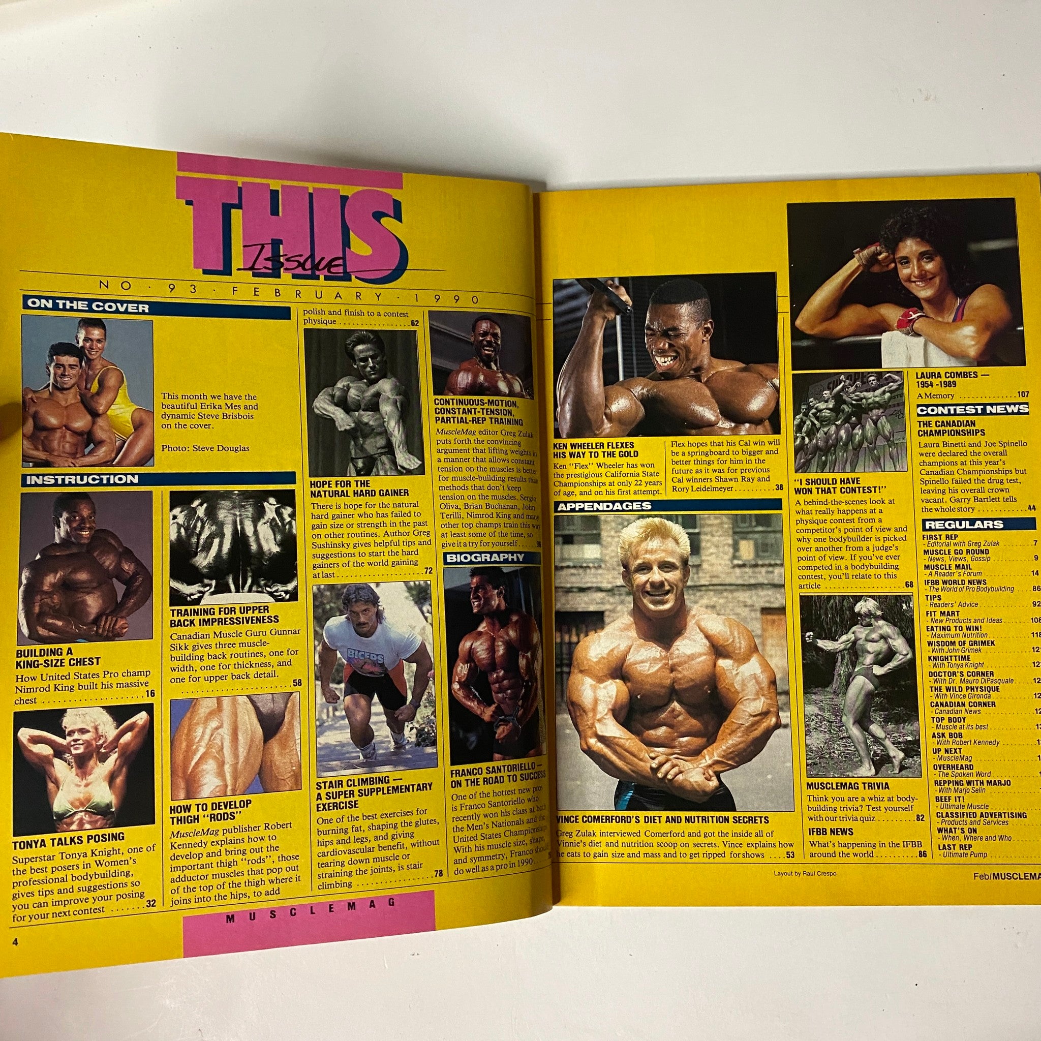 Interior page of MuscleMag International Magazine February 1990 showcasing various articles and features including training tips and biographies of bodybuilders.