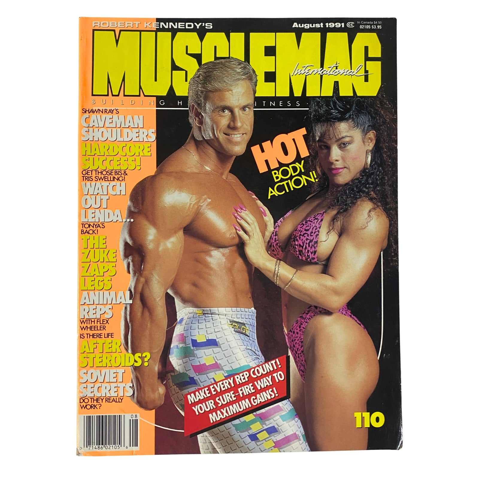 Cover of MuscleMag International Magazine August 1991 No. 110 featuring Jerry Steele showcasing bodybuilding aesthetics and fitness themes.