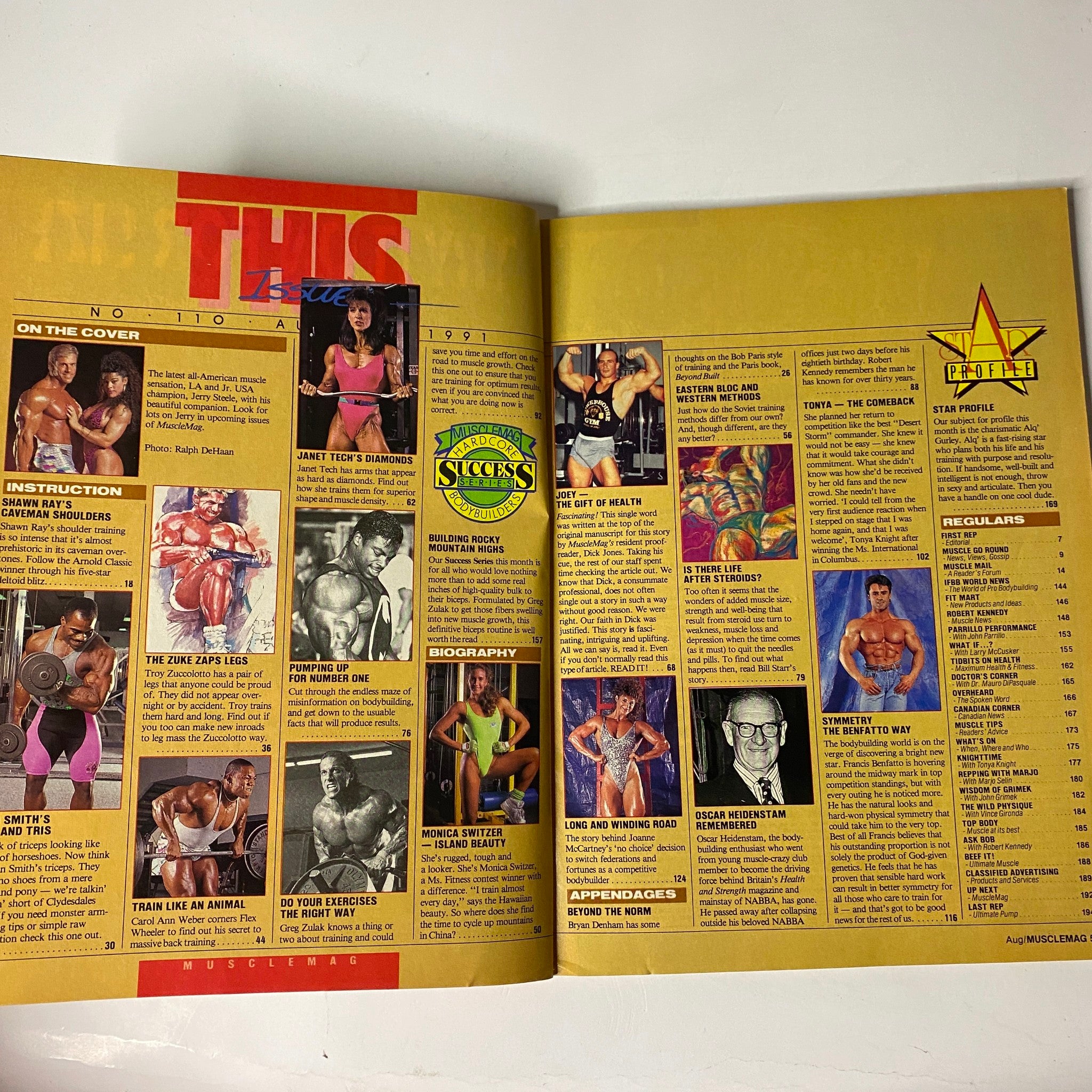 Interior page of MuscleMag International Magazine August 1991 No. 110 highlighting articles, features, and bodybuilding content relevant to fitness enthusiasts.