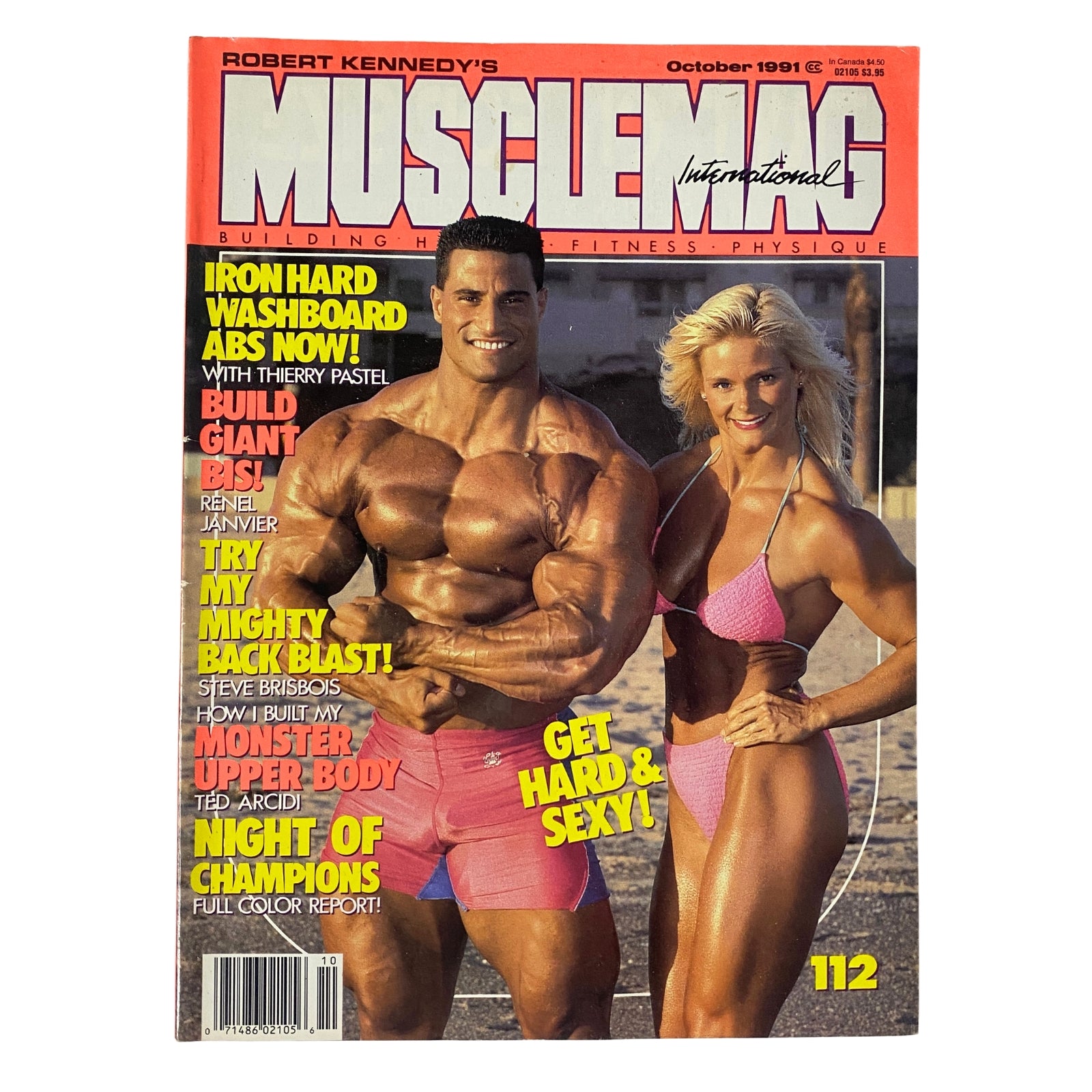 Cover of MuscleMag International Magazine October 1991 No. 112 featuring Mike Matarazzo and a female fitness model, showcasing bodybuilding and fitness content.