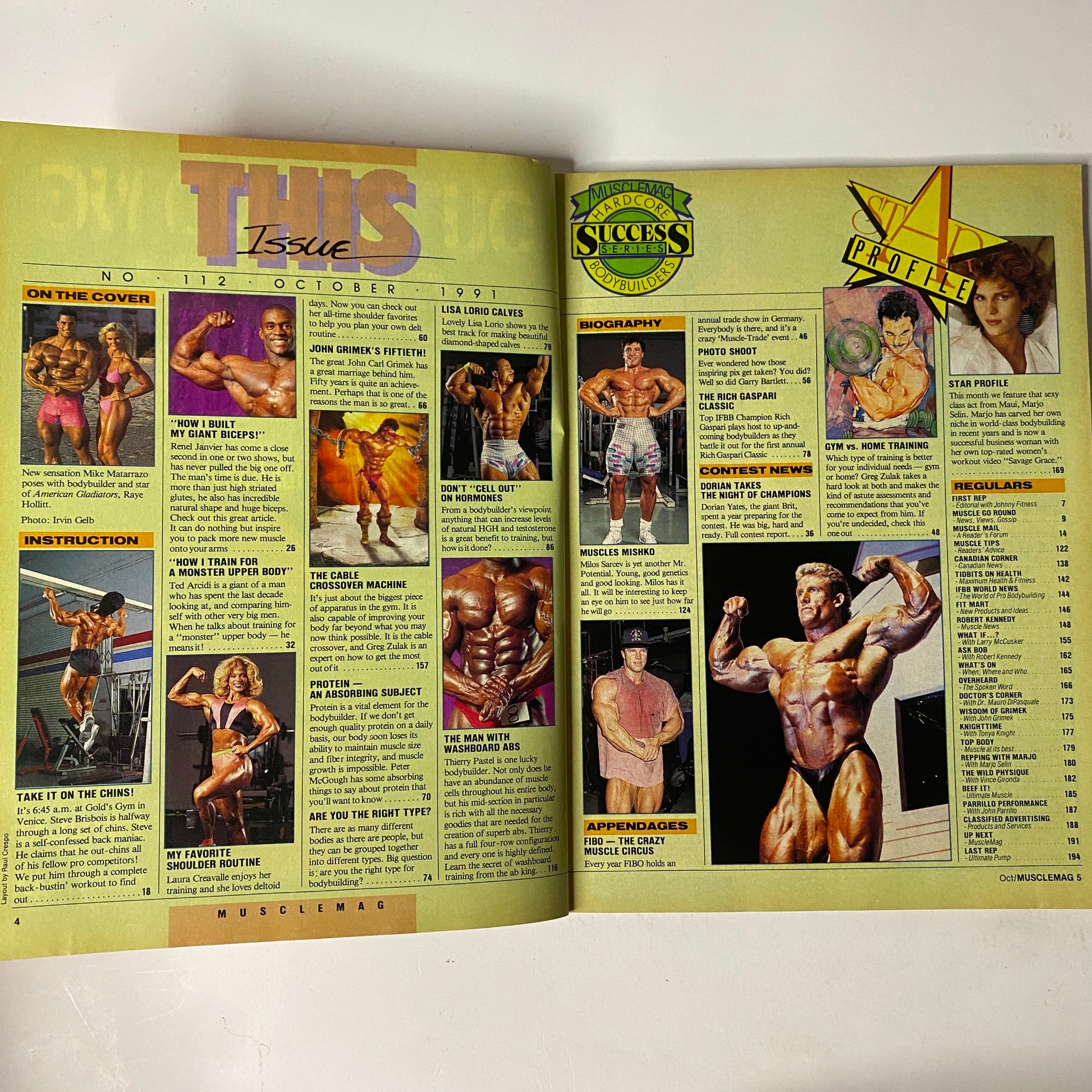 Inside spread of MuscleMag International Magazine October 1991 No. 112, detailing features and profiles related to bodybuilding and fitness.