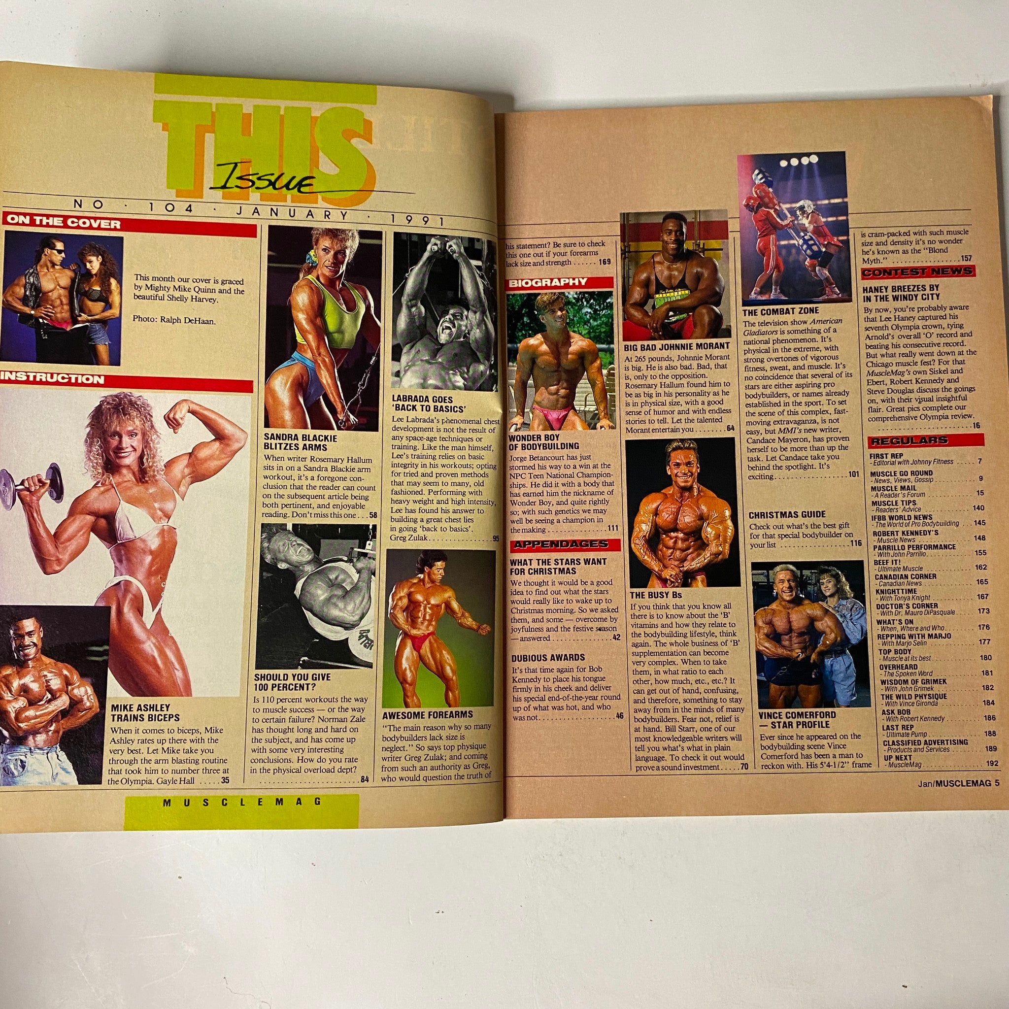 MuscleMag International Magazine January 1991 No. 104 featuring muscle-building tips, profiles, and advertisements related to bodybuilding culture.