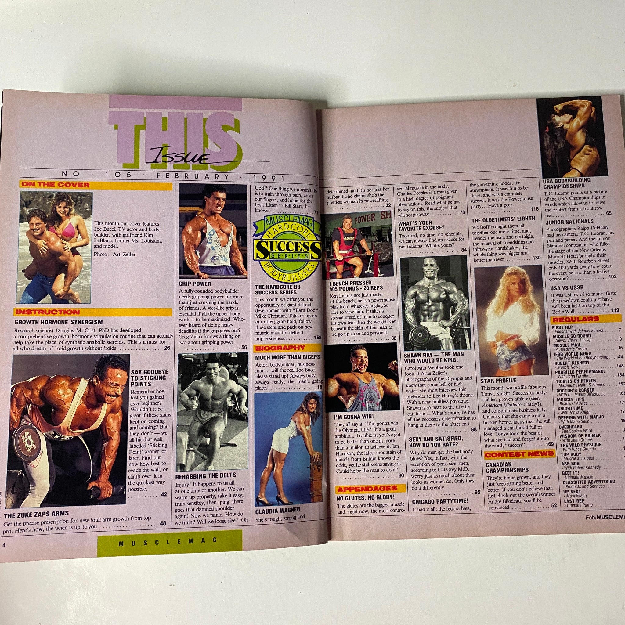 Inside page of MuscleMag International Magazine February 1991 No. 105 showcasing article highlights and featured bodybuilders.
