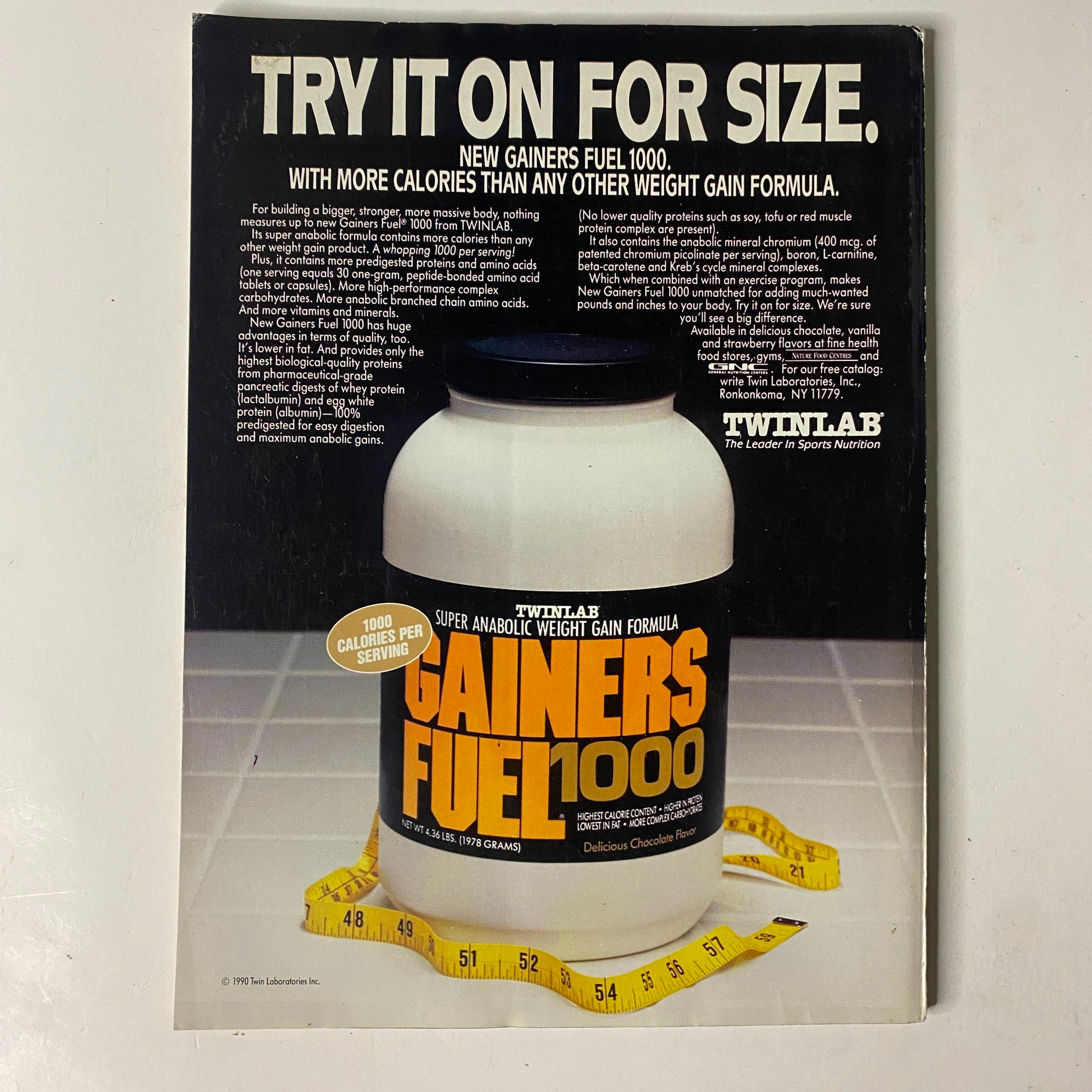 Advertisement for TwinLab's Gainers Fuel 1000 in MuscleMag International Magazine February 1991 No. 105, promoting weight gain formula.