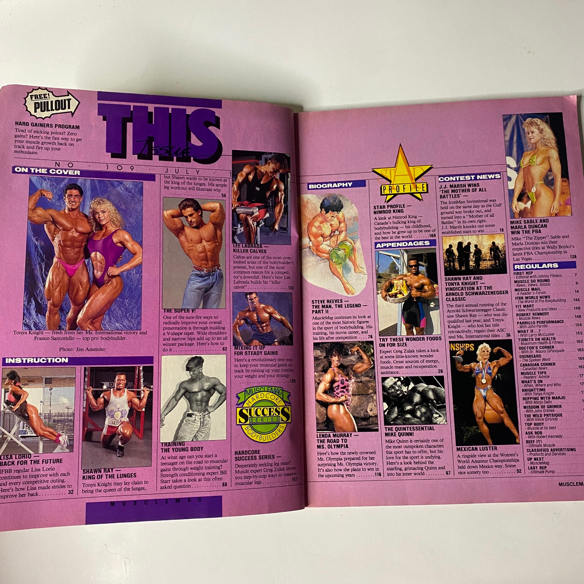 Interior page from MuscleMag International Magazine July 1991 No. 109, displaying articles and images related to bodybuilding, including contests and instructions.