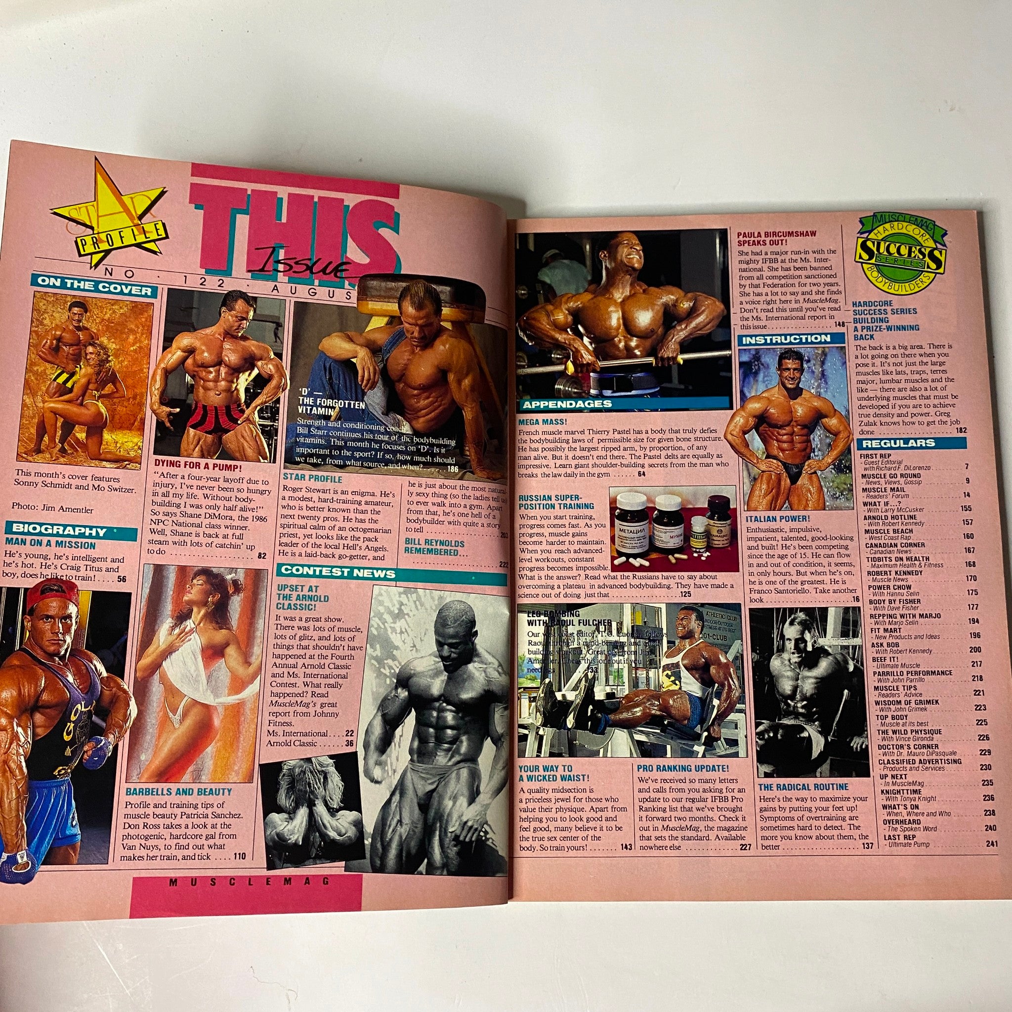 This image features a vibrant spread from MuscleMag International Magazine August 1992 No. 122, showcasing various bodybuilders, contest highlights, and fitness products. The layout includes detailed sections about bodybuilding tips, competitions, and featured athletes.