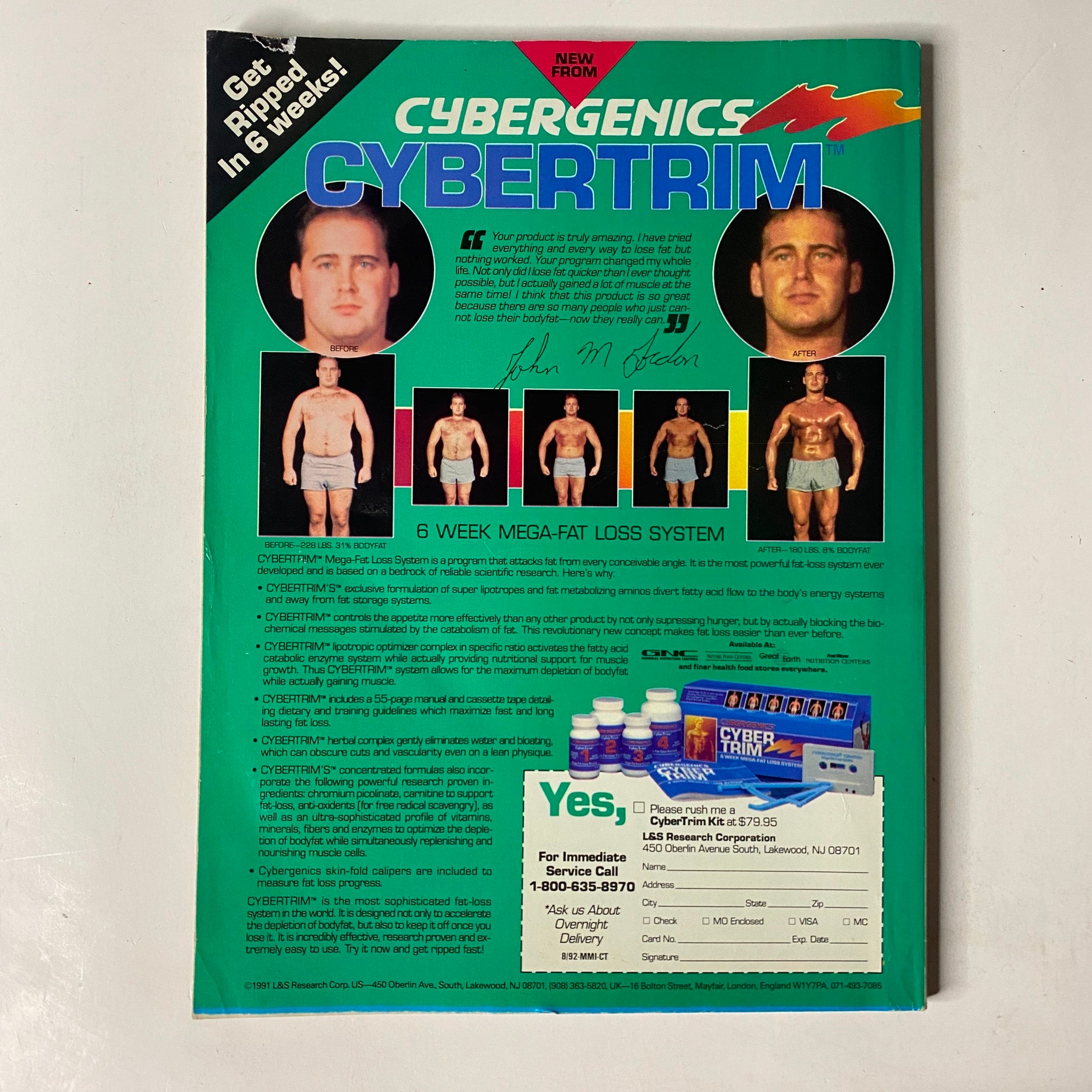 This image displays the back cover of MuscleMag International Magazine August 1992 No. 122, featuring the Cybergenics Cybertrim advertisement. The ad promotes a 6-week mega-fat loss system with before and after photos of body transformation.