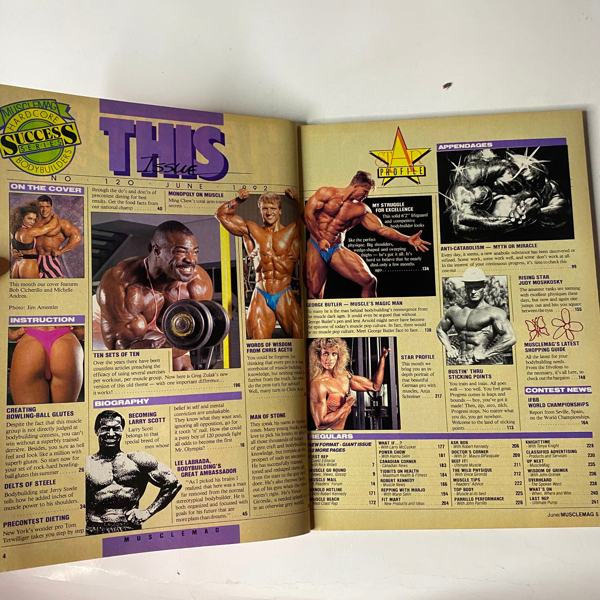Inside page of MuscleMag International Magazine June 1992 No. 120, featuring content highlights, athlete instructions, and biographies related to bodybuilding and fitness.