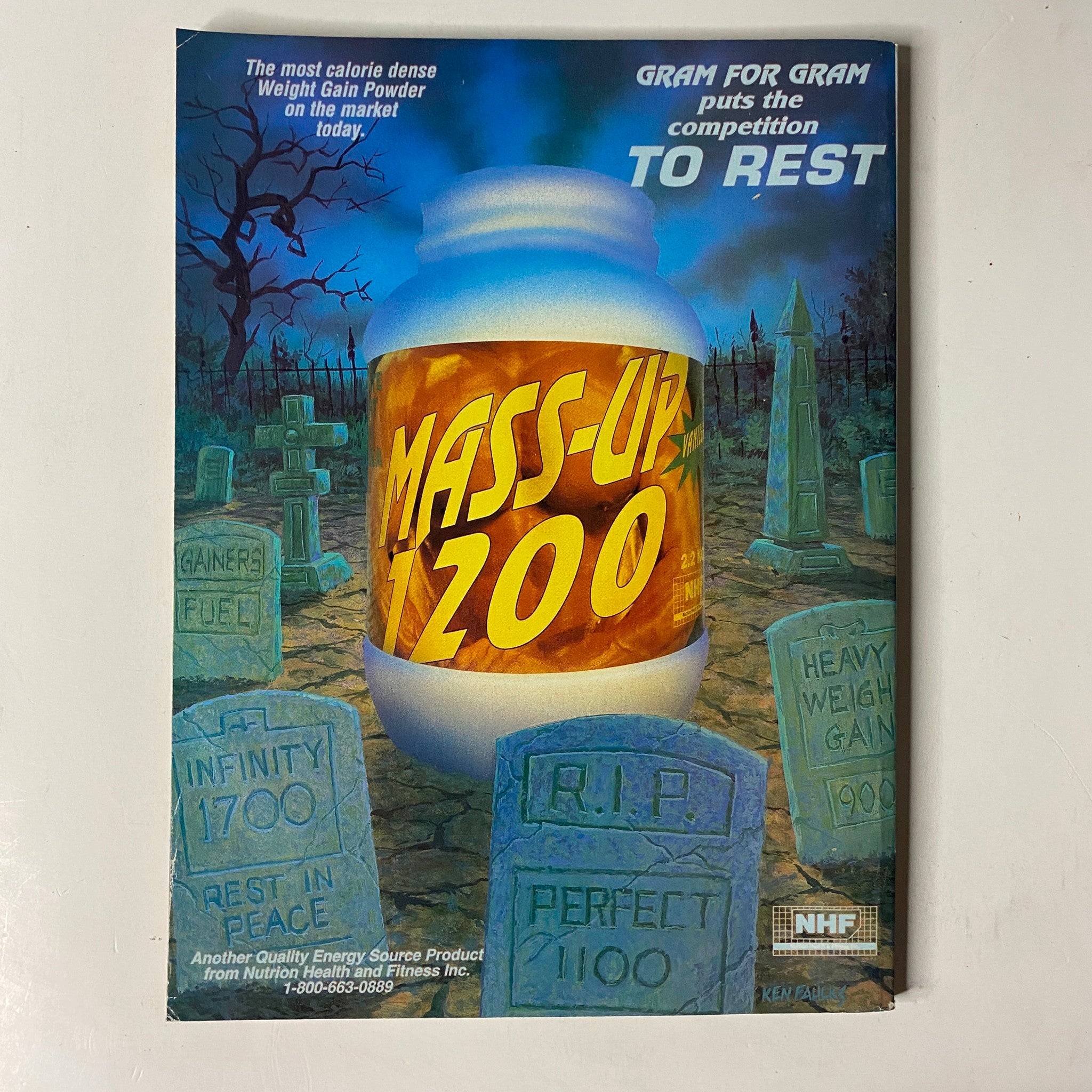 Back cover of MuscleMag International Magazine June 1992 No. 120, advertising Mass-Up 1200 weight gain powder, with an illustrated tombstone theme promoting its effectiveness over competitors.
