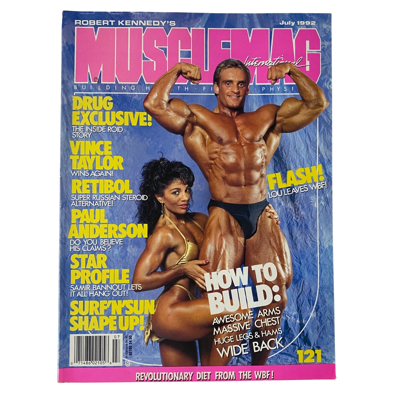 Cover of MuscleMag International Magazine July 1992 No. 121 featuring bodybuilders Andrea Munzer and Paul Anderson, showcasing bodybuilding tips and techniques.