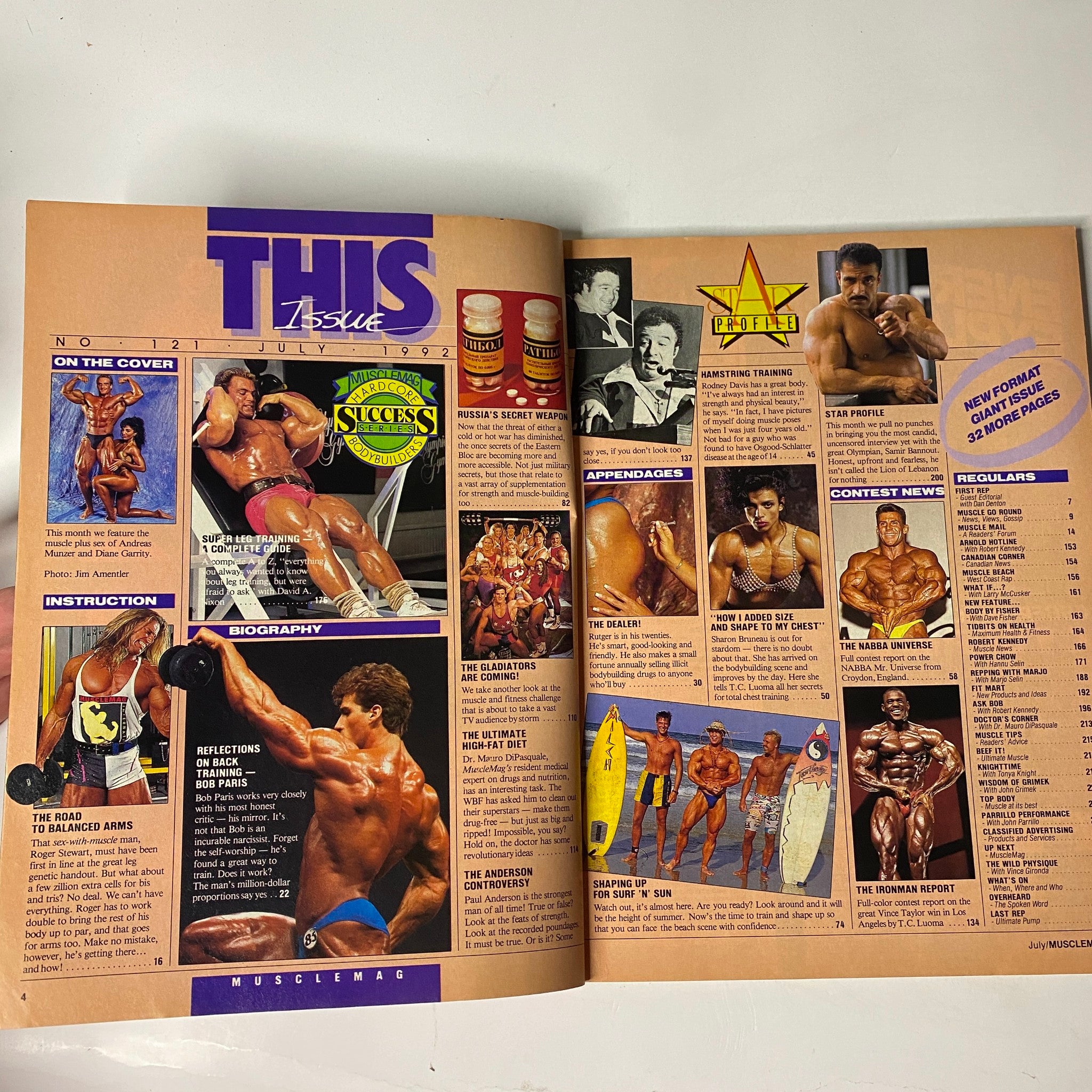 Inside spread of MuscleMag International Magazine July 1992 No. 121 highlighting various bodybuilders and featuring sections on training and nutrition.