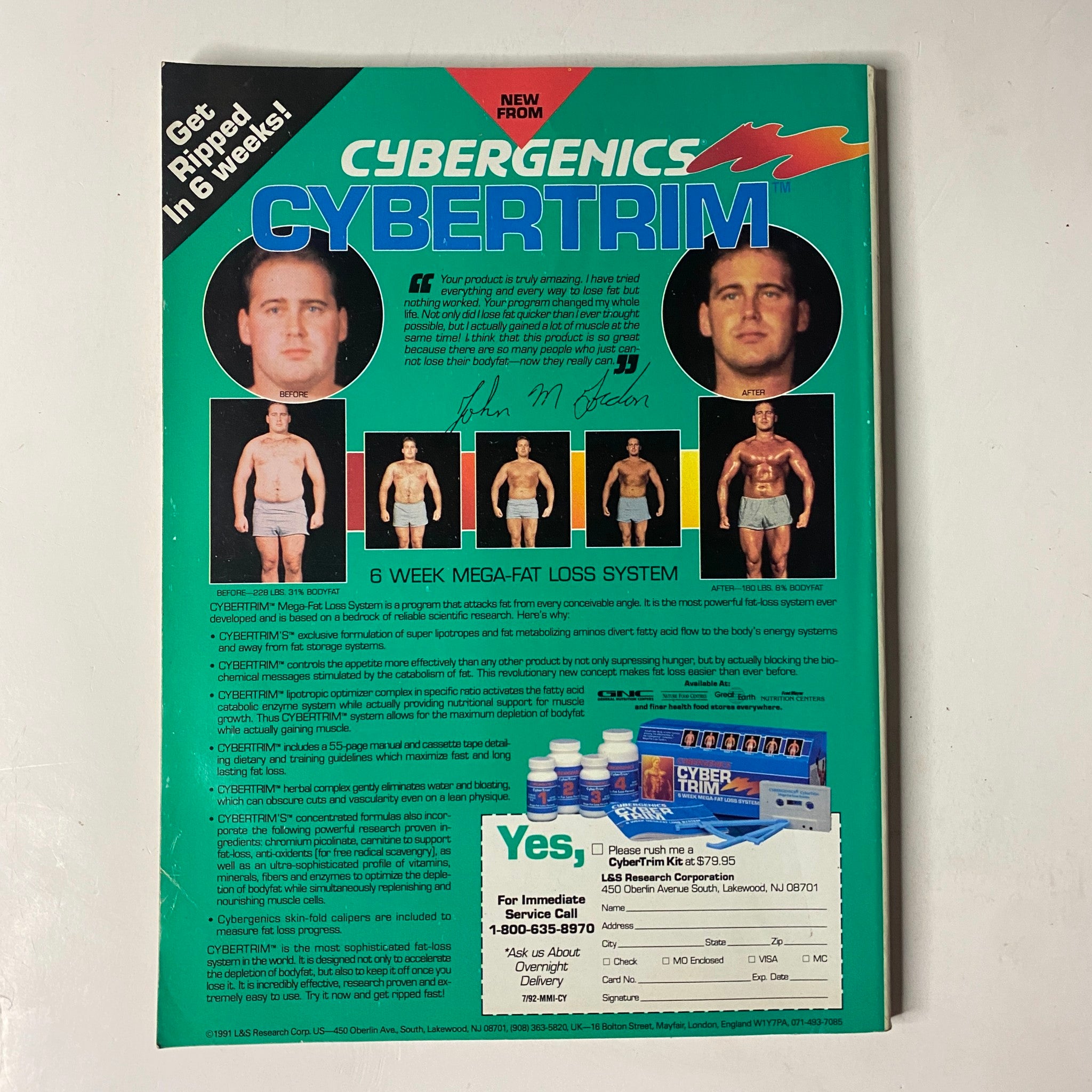Back cover of MuscleMag International Magazine July 1992 No. 121 promoting Cybergenic Fat Loss System with before and after images of male body transformations.