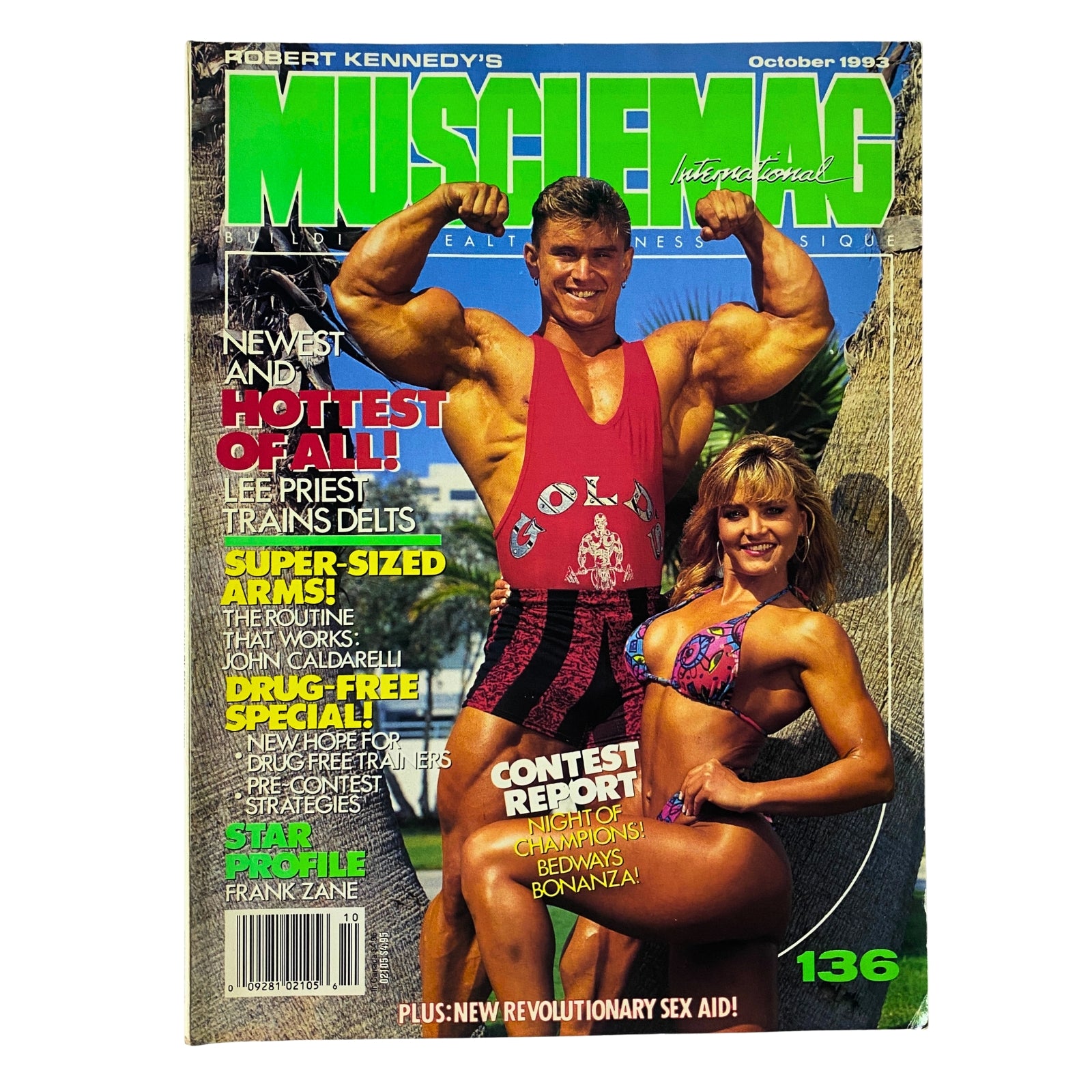 Cover of MuscleMag International Magazine October 1993 No. 136 featuring Lee Priest and Laurie Donnelly, showcasing bodybuilding culture with a vibrant outdoor backdrop.