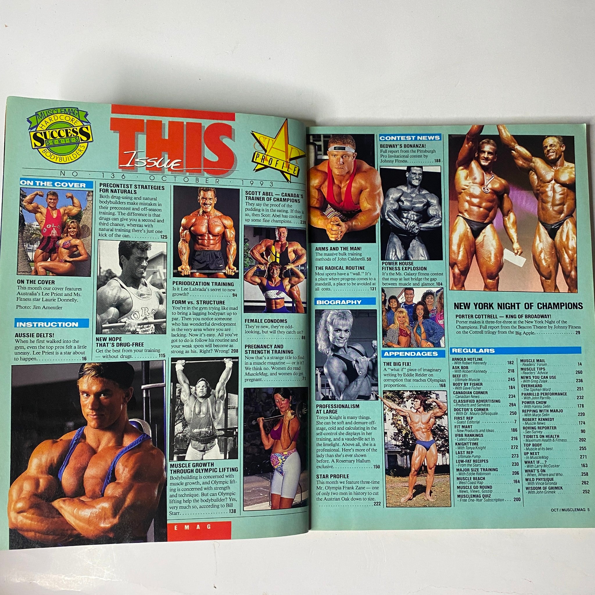 Inside spread of MuscleMag International Magazine October 1993 No. 136, highlighting training strategies and profiles of bodybuilders, including information on the New York Night of Champions.