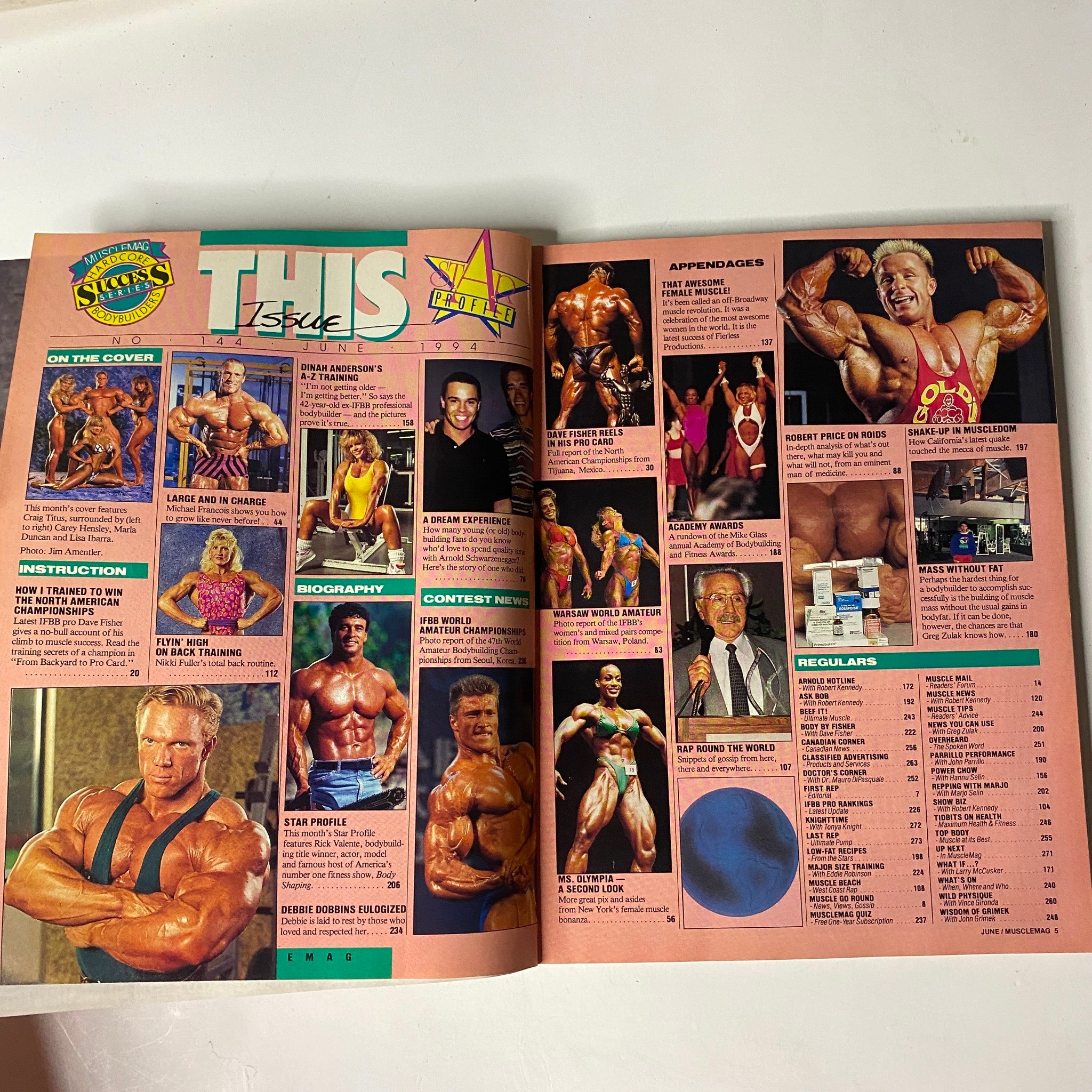 Inside spread from MuscleMag International Magazine June 1994 No. 144 highlighting articles on bodybuilding training, athlete profiles, and fitness tips.