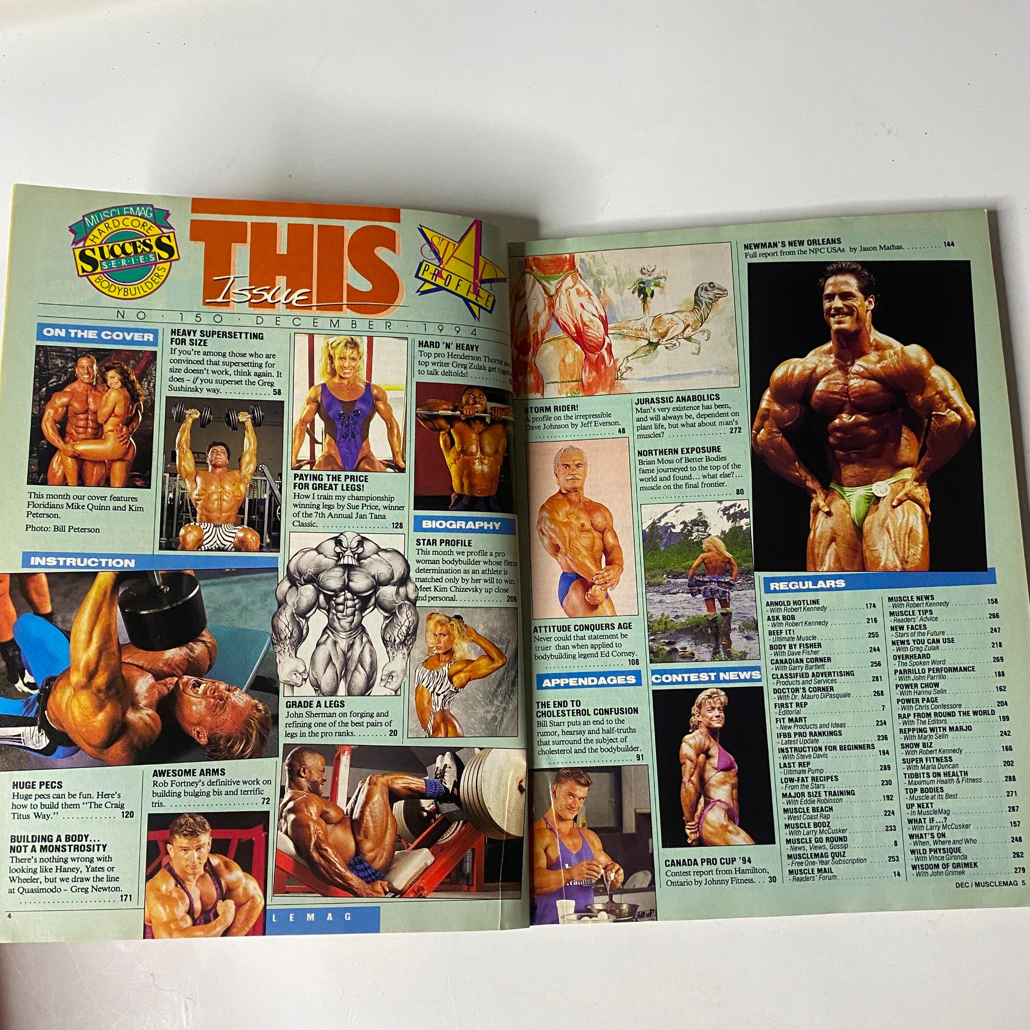 Inside page of MuscleMag International Magazine December 1994 featuring Mike Quinn and Kim Peterson, showcasing bodybuilding tips, profiles, and contest information.