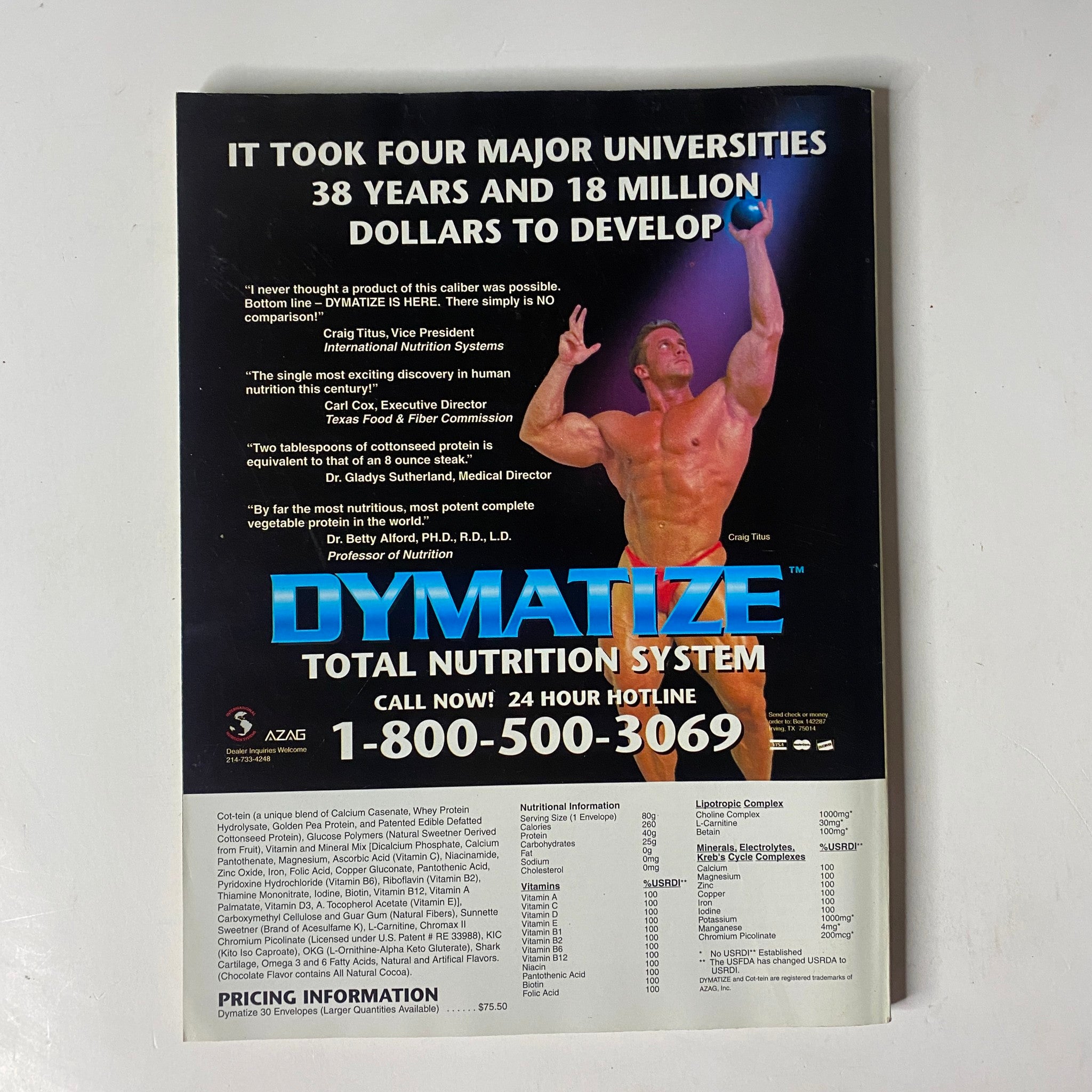 Back cover advertisement of MuscleMag International Magazine December 1994, promoting Dymatize Total Nutrition System with a call to action for bodybuilding supplements.