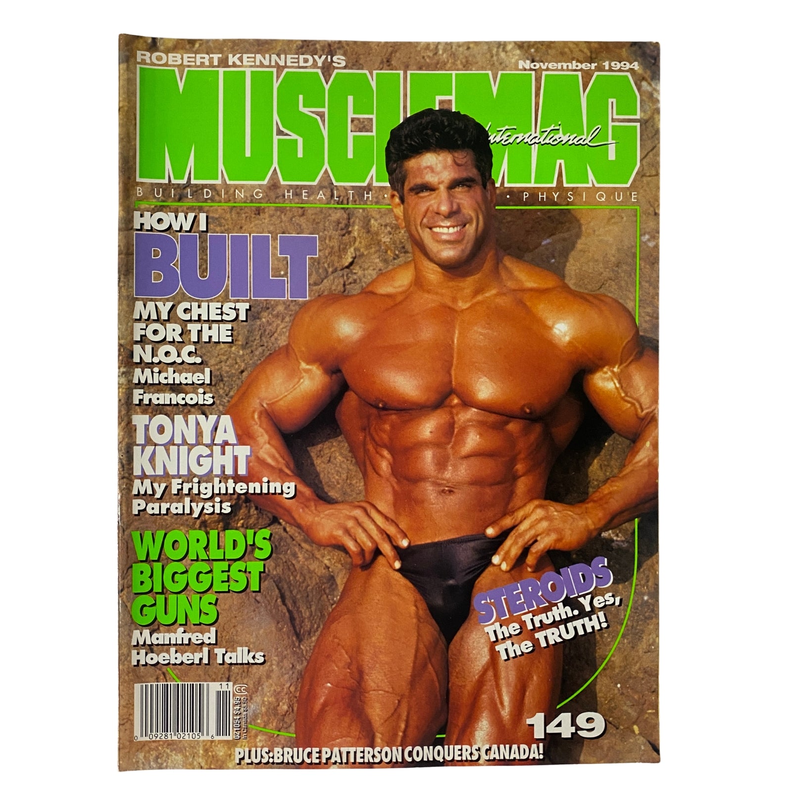 MuscleMag International Magazine November 1994 featuring Lou Ferrigno on the cover, highlighting bodybuilding culture with headlines about building muscle and fitness.