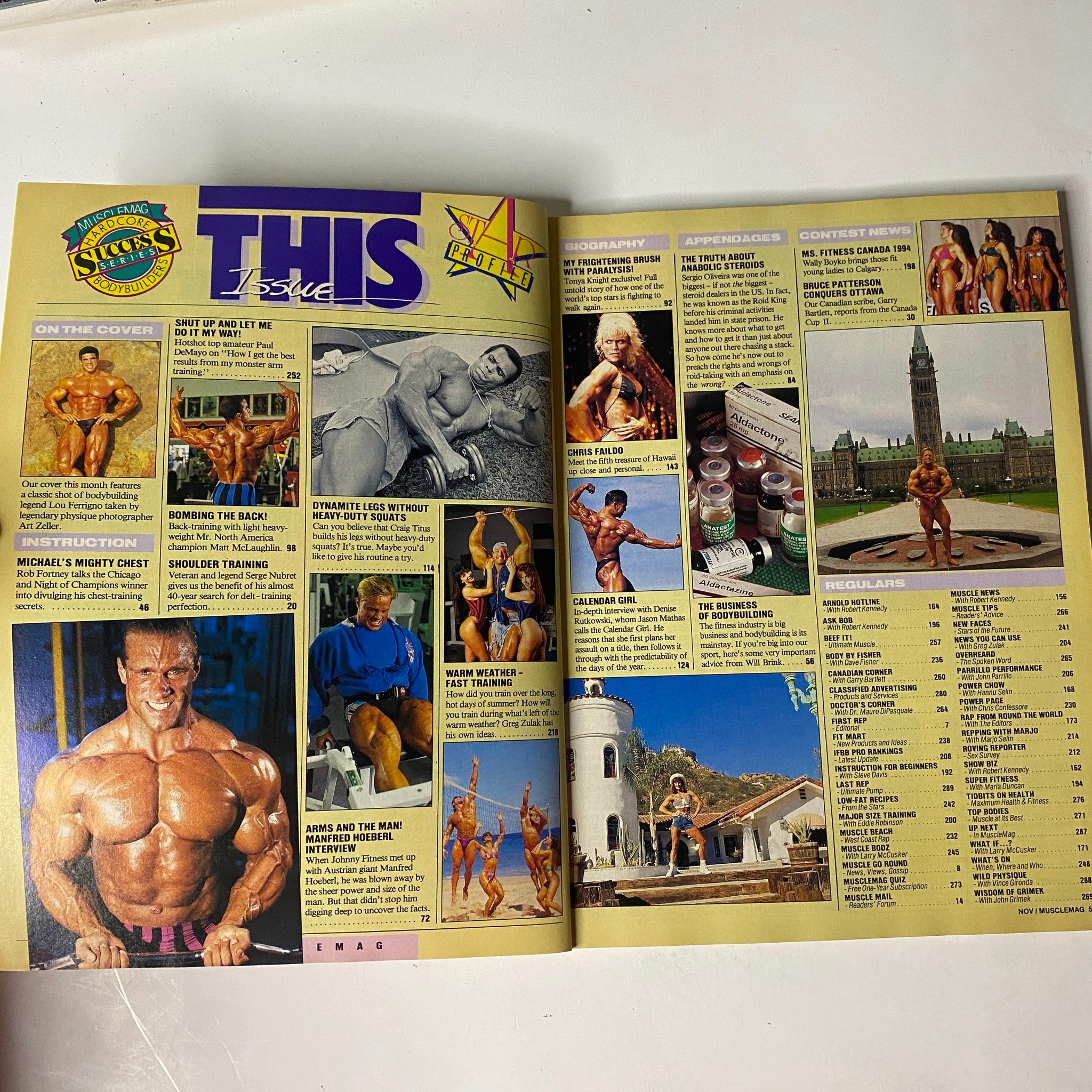 Inside spread from MuscleMag International November 1994 showing contents and features, including Michael O'Hearn and bodybuilding instructions.
