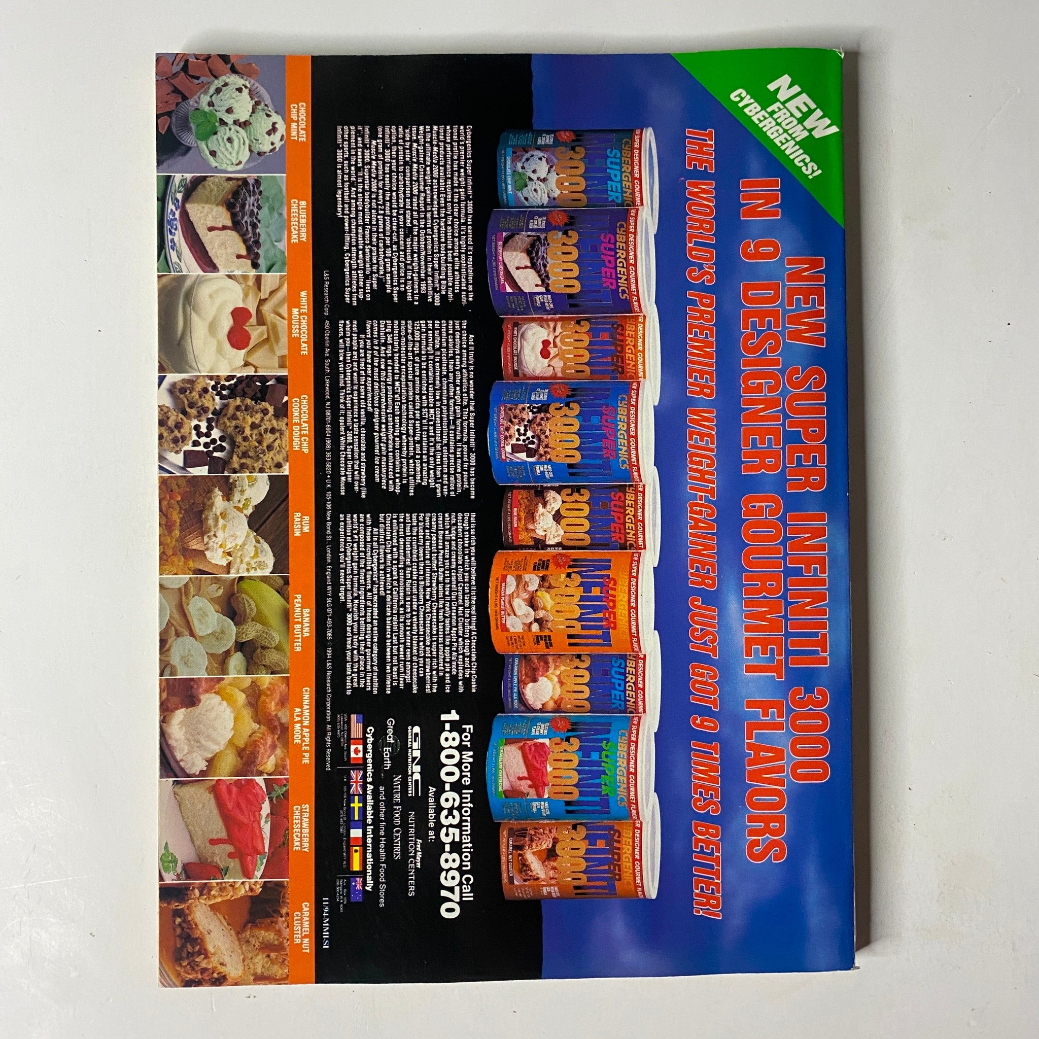 Advertisement for new Super Infinity 3000 weight gain powder flavors in MuscleMag International Magazine November 1994, showcasing various dessert options.