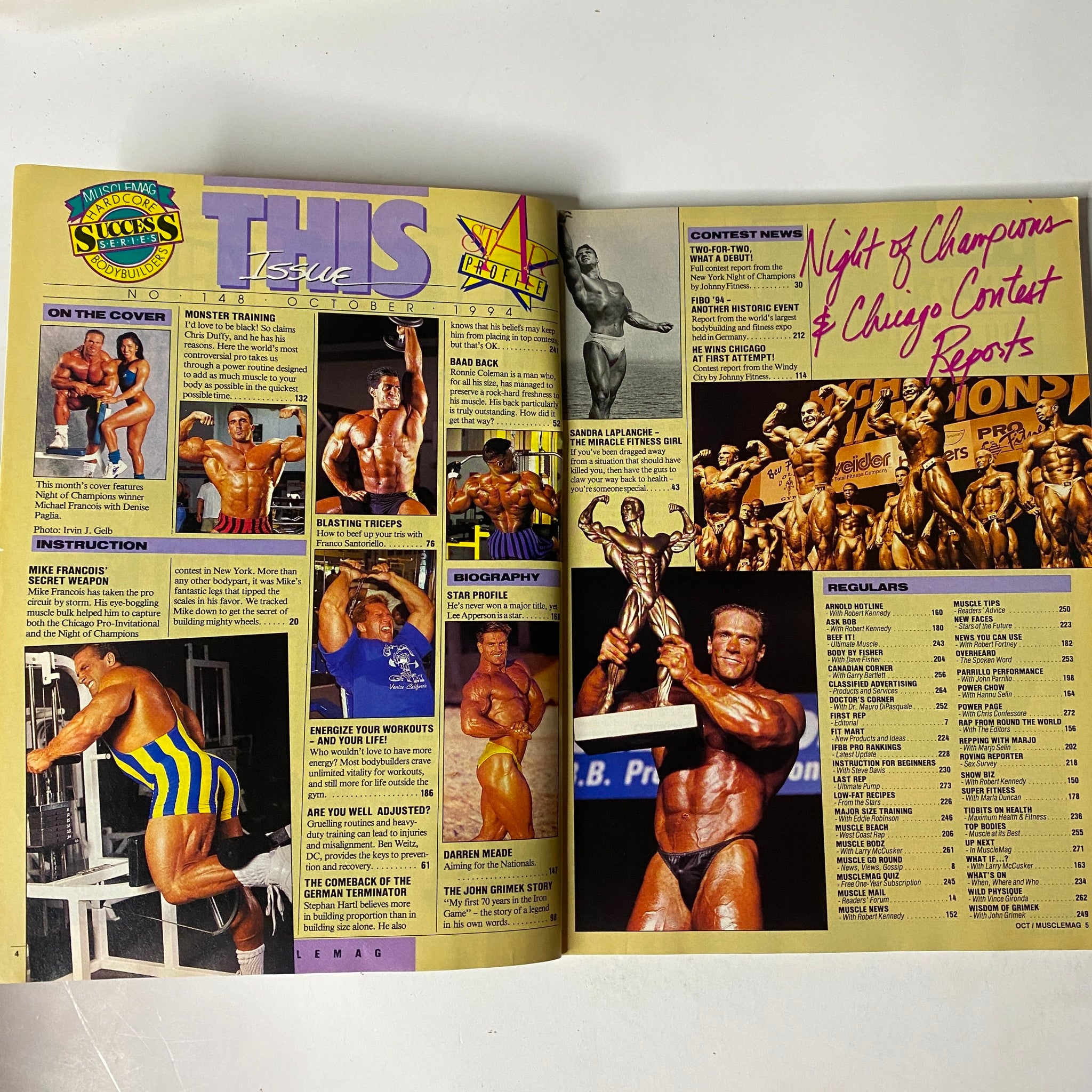 Inside spread of MuscleMag International Magazine October 1994 showcasing various articles and features, including Night of Champions and training tips.