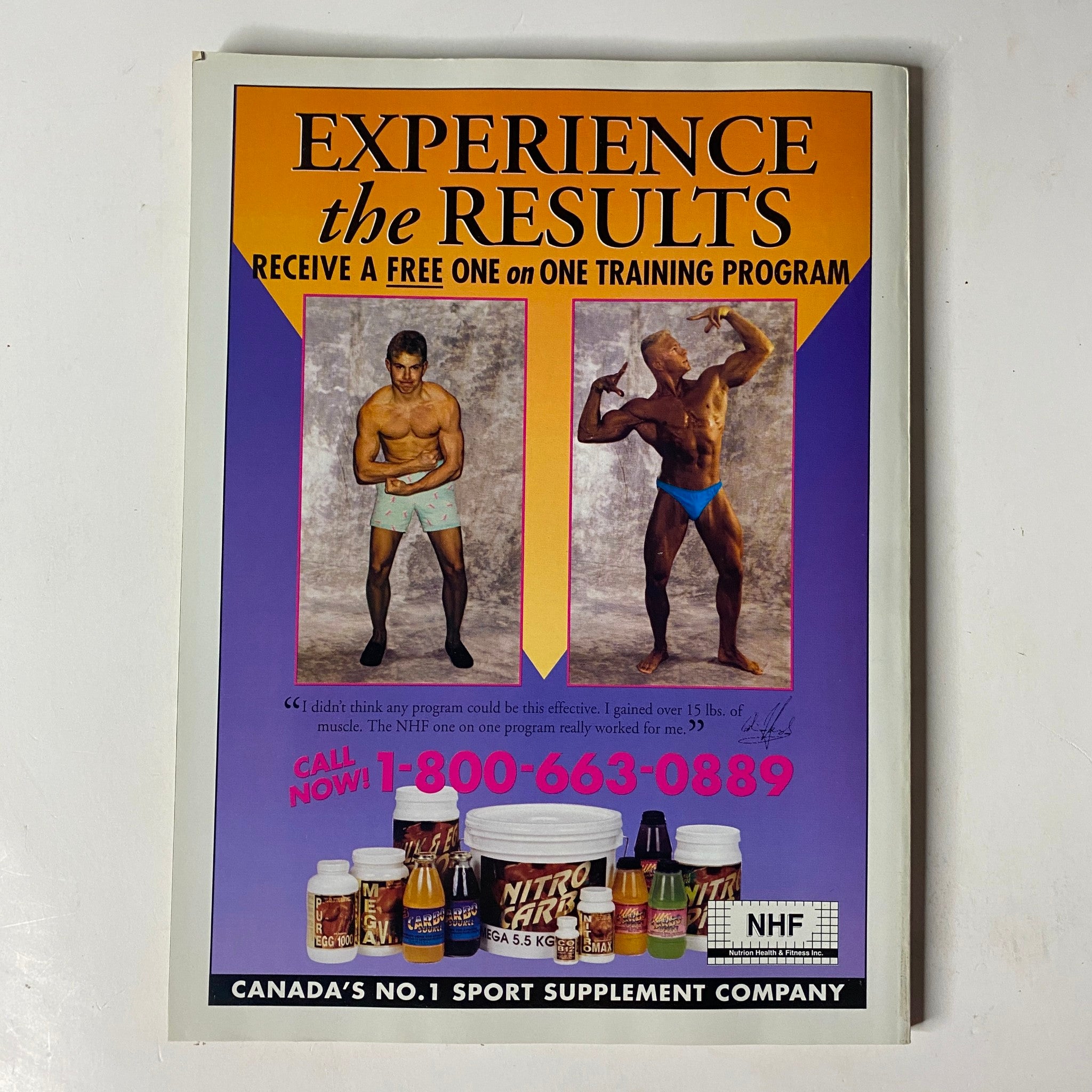 Advertisement from MuscleMag International Magazine October 1994 promoting a free training program with before and after photos of a male bodybuilder.