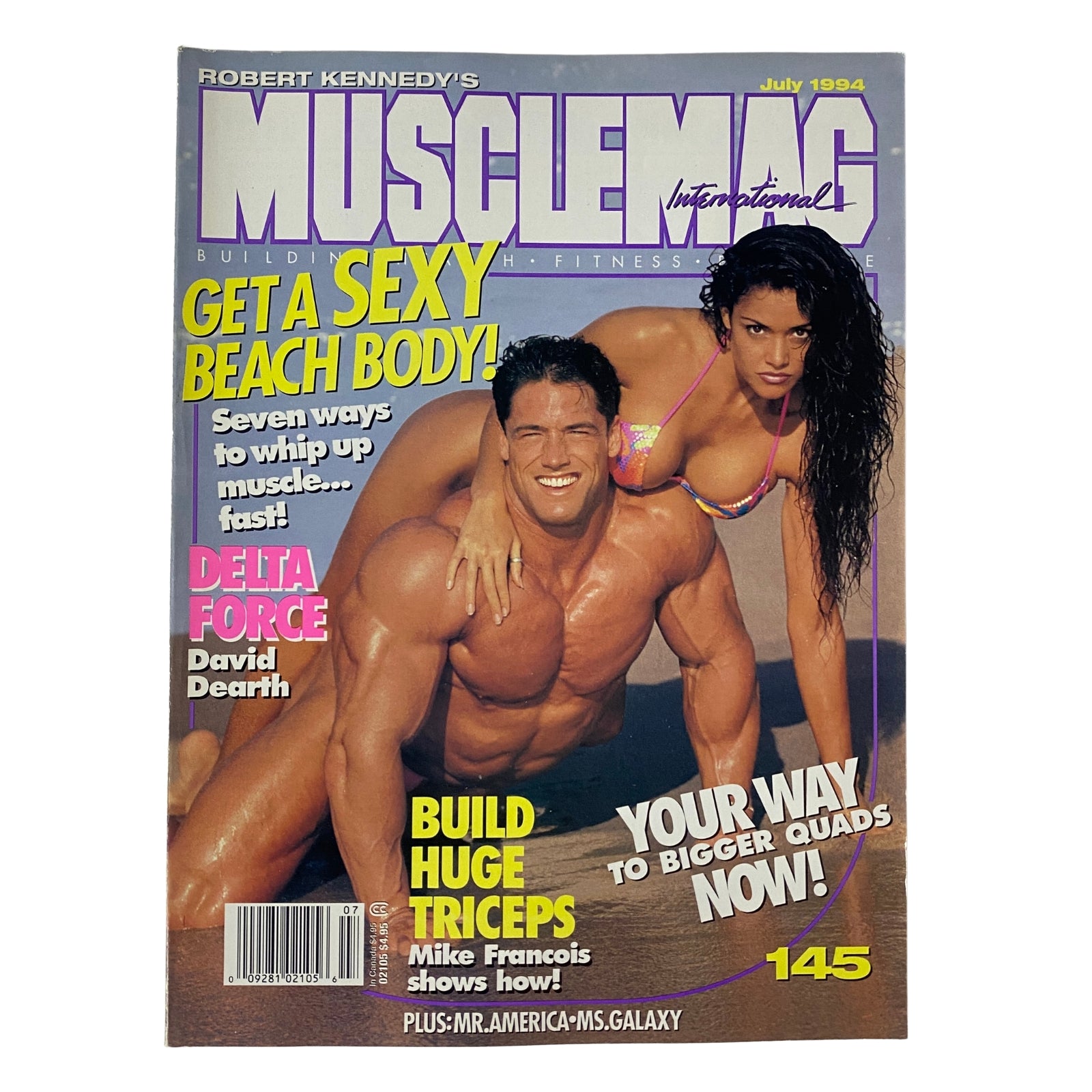 Cover of MuscleMag International Magazine July 1994 No. 145 featuring Dennis Newman and Debee Halo, promoting fitness and bodybuilding with tips to achieve a sexy beach body.