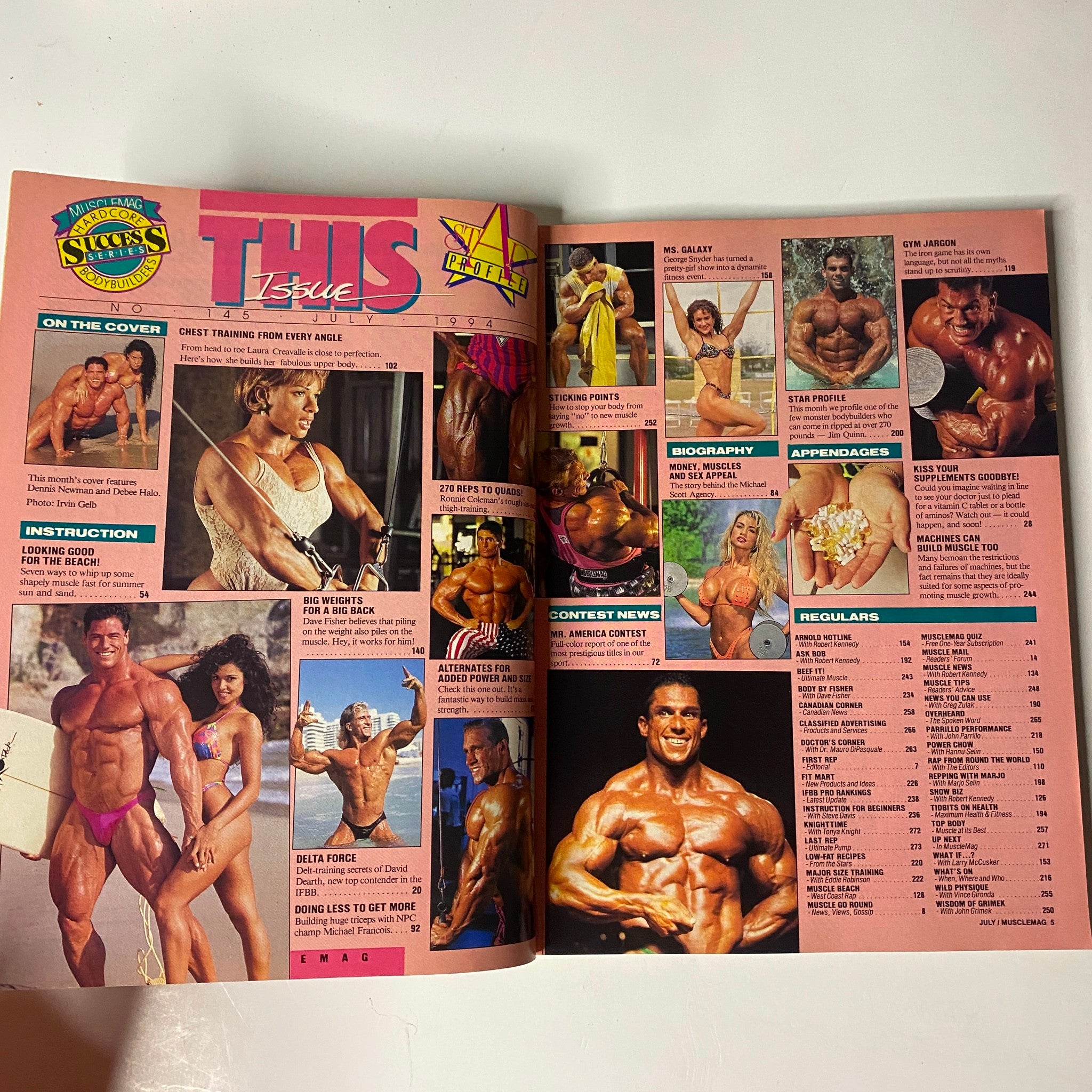 Interior page of MuscleMag International Magazine July 1994 No. 145 displaying articles, photographs of bodybuilders, and a table of contents highlighting features like Mr. America and Ms. Galaxy.