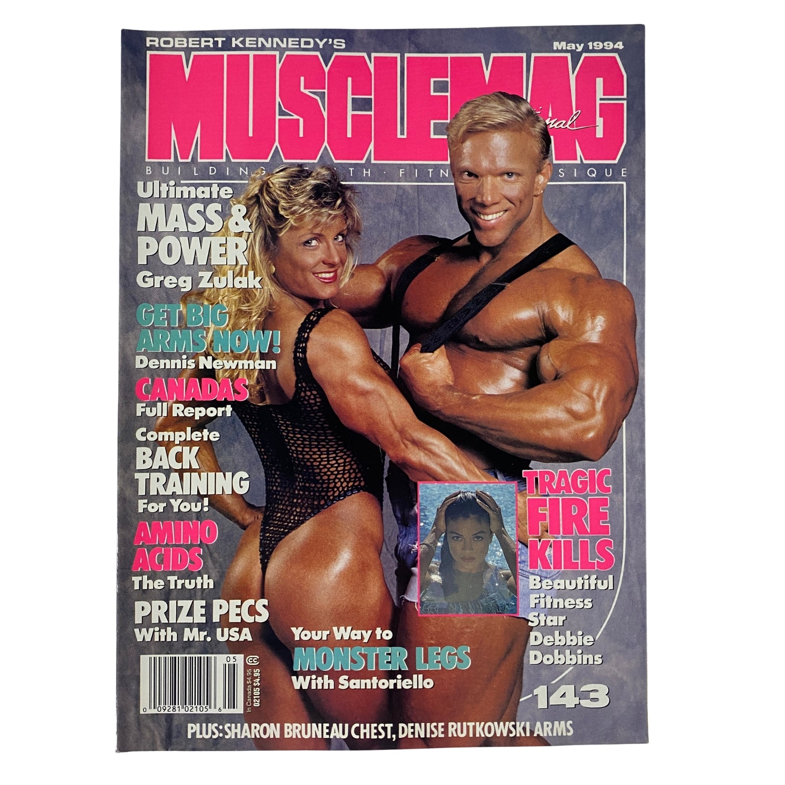 Cover of MuscleMag International Magazine May 1994 No. 143 featuring David Fisher and Sue Price, highlighting bodybuilding and fitness with themes of strength and health.
